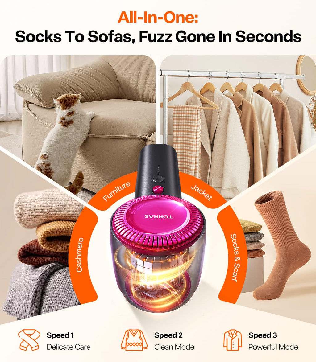 TORRAS Rechargeable Fabric Shaver Electric Lint Remover 3-Speed Remove Fuzz, Pilling for Cashmere, Wool, Clothes, Sweater, Coat, Furniture, Clothes depiller with Replacement Blades