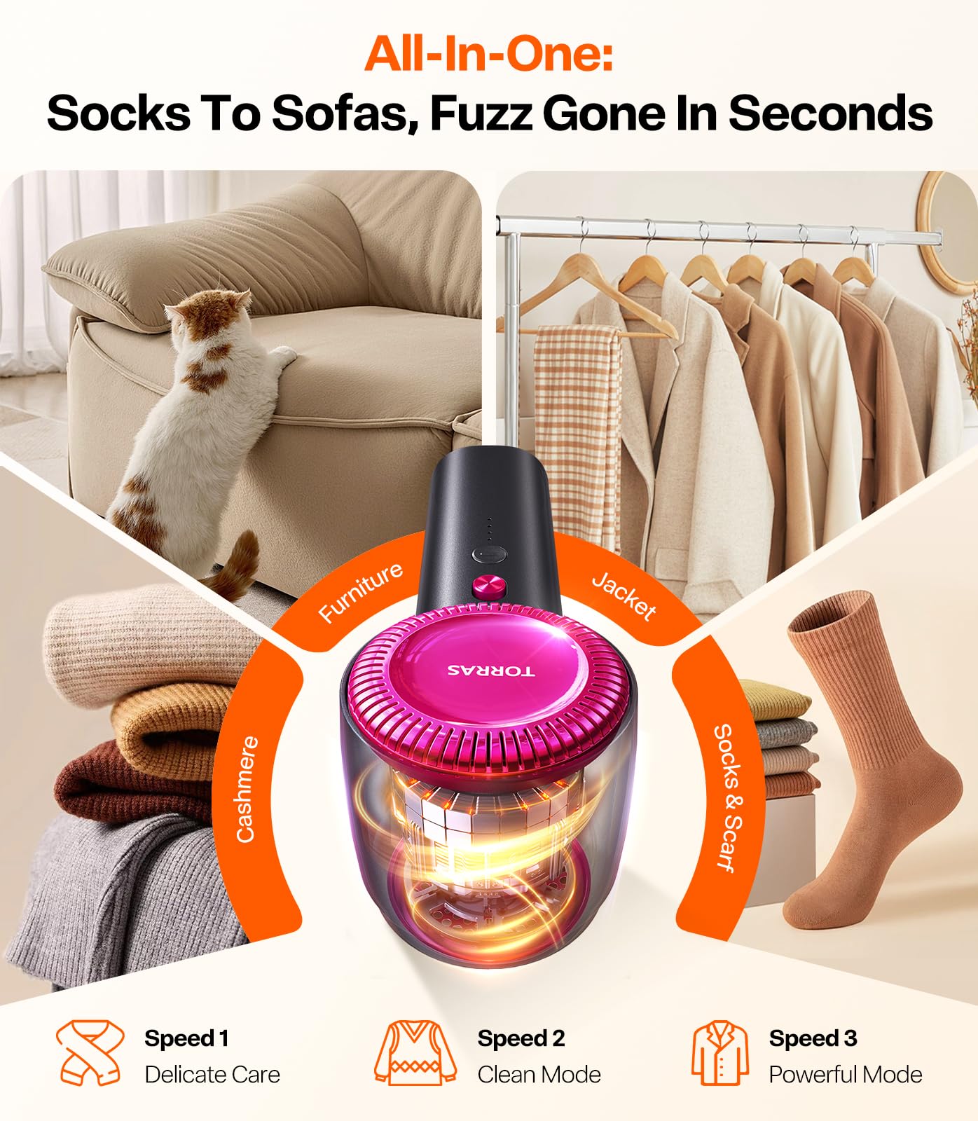 TORRAS Rechargeable Fabric Shaver Electric Lint Remover 3-Speed Remove Fuzz, Pilling for Cashmere, Wool, Clothes, Sweater, Coat, Furniture, Clothes depiller with Replacement Blades