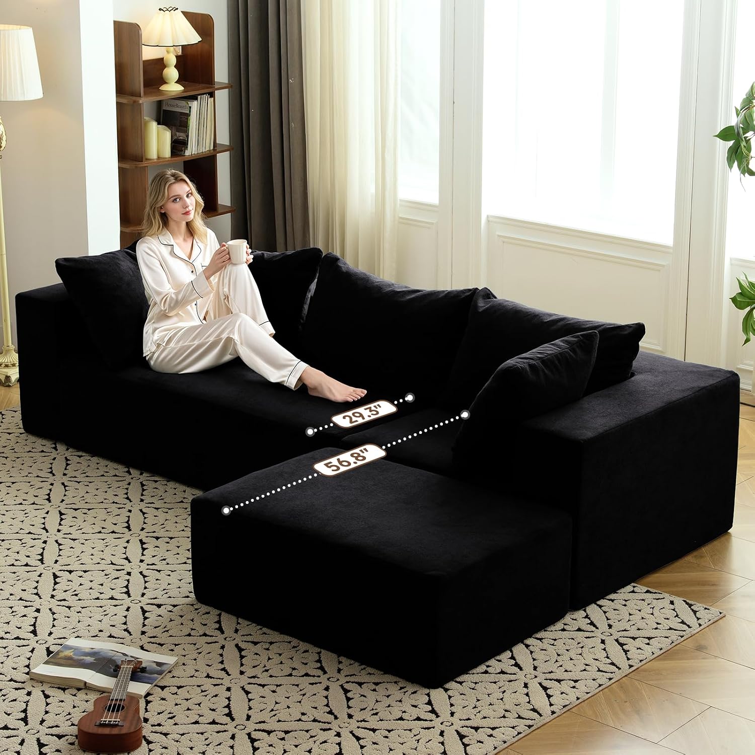 Vamcheer Modular Sectional Sofa with Chaise, Modern L Shaped Cloud Couch with Deep Seat, Sectional Couches for Living Room, Bedroom, Office, No Assembly Required, Ink Black