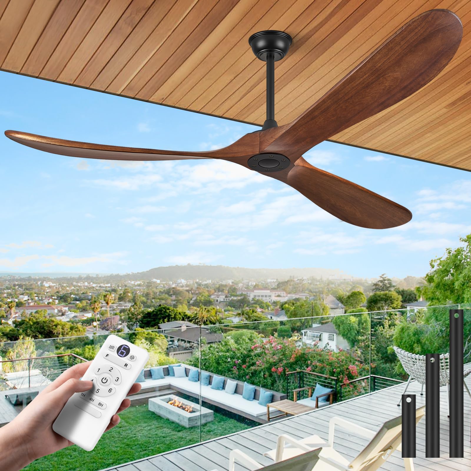 ABZ Ceiling Fans without Lights - 52 Inch Modern Ceiling Fans no Lights with Remote Control, Black 3 Blade Solid Wood Indoor Outdoor Ceiling Fans for Patios Living Room Bedroom