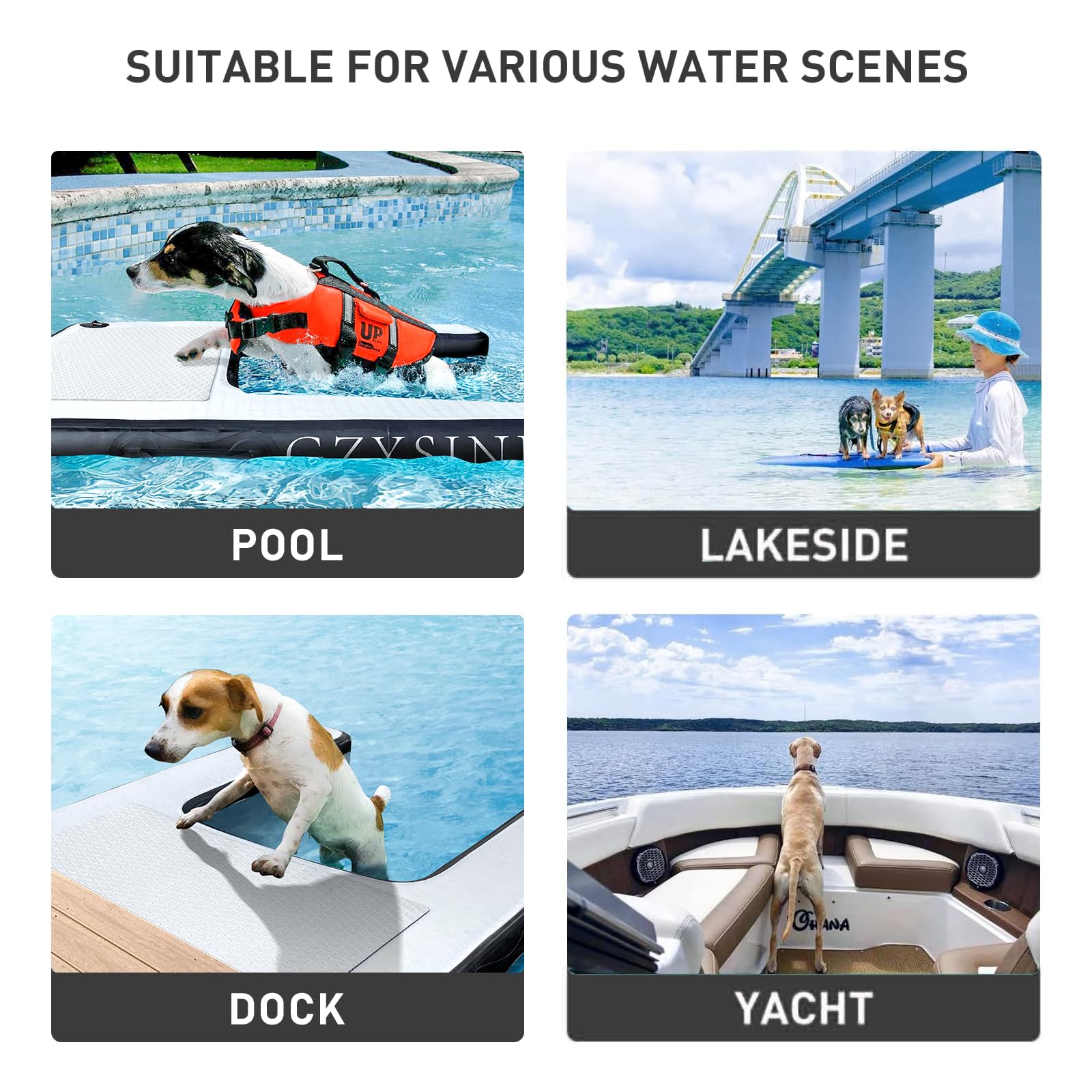 Inflatable Large Dog Water Ramp Float Floating Ramp-Swimming Pets Up to 200 Pounds Large Dogs-Inflatable Stairs for Boats, Docks, with Pump/Rope/Repair Kit - PVC Anti-Slip Fabric (Black)