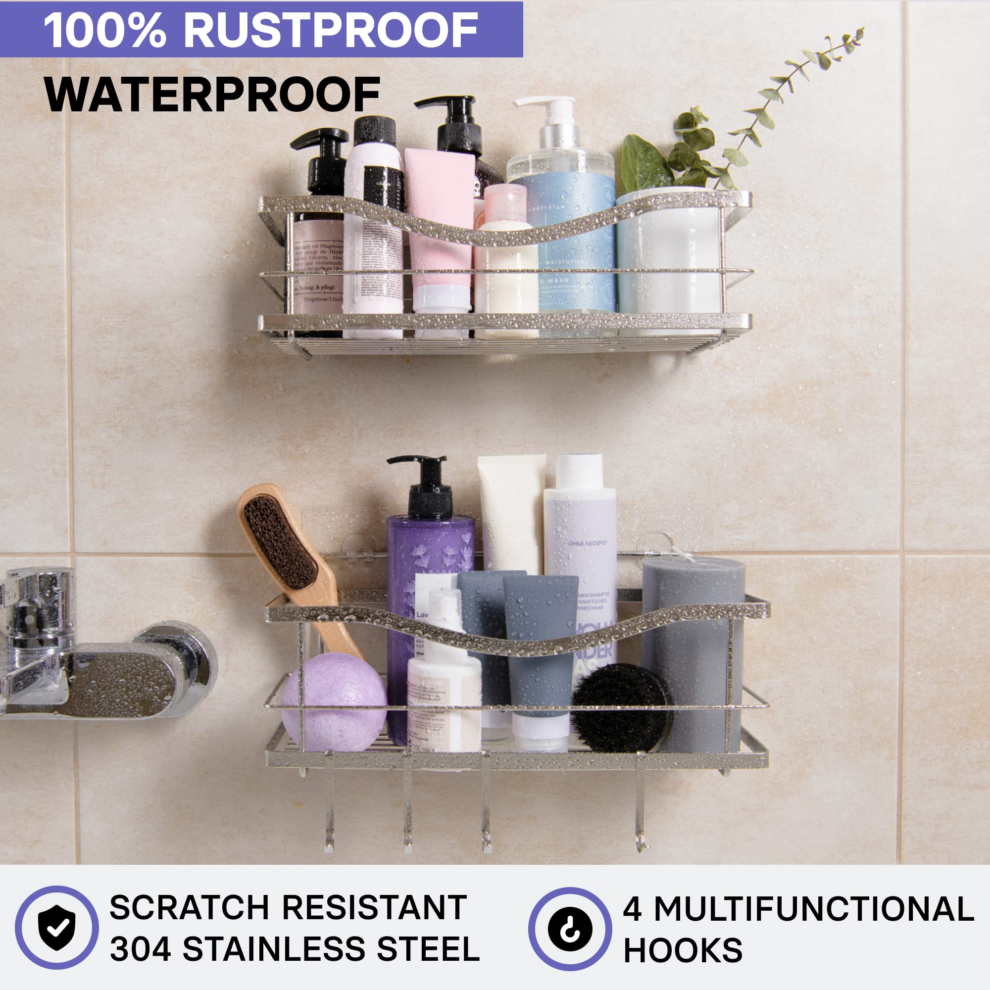 KINCMAX Premium Shower Caddy, Self Adhesive Shower Organizer w/ 4 Hooks, No Drill Shelves for Inside Shower, Rustproof Stainless Steel Shower Rack for Bathroom, Matte Black