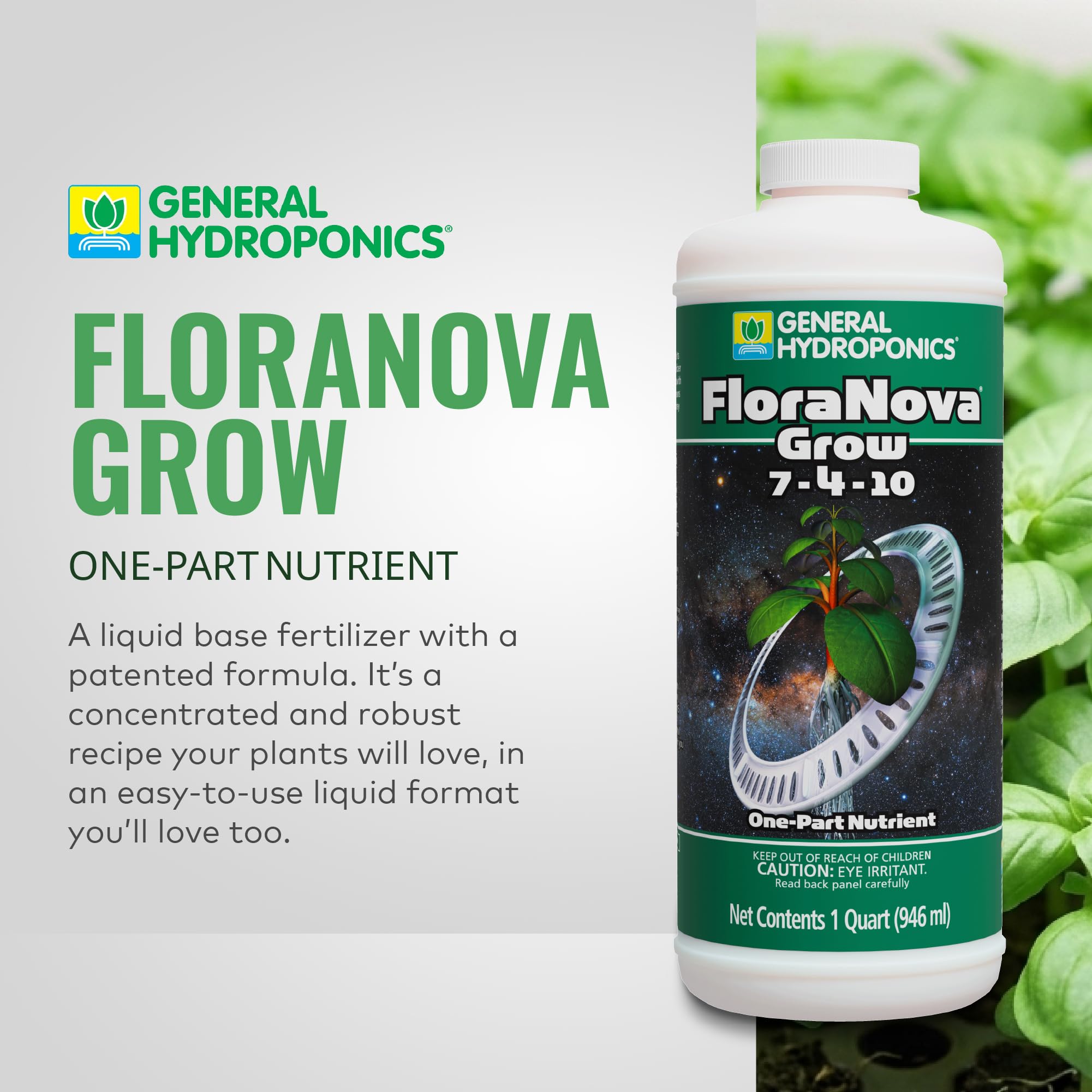 General Hydroponics HGC718805 FloraNova Grow 7-4-10, Robust Strength of Dry Fertilizer But in Rapid Liquid Form, Use for Hydroponics, Soilless Mixtures, Containers & Garden Grown Plants, 1-Gallon