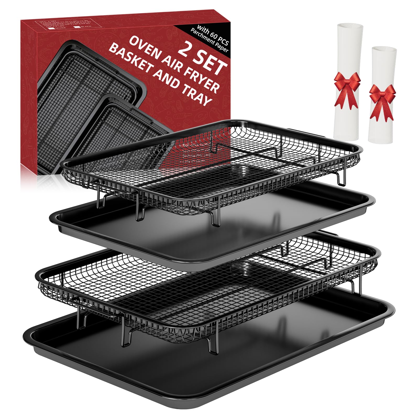 Air Fryer Basket for Oven, Large14.88"×10.98"Air Fryer Pans for Convection Oven with 30 Sheet Parchment Papers, THORSES Non-Stick Stainless Steel Air Fryer Basket and Tray for Multi Cooking - Black