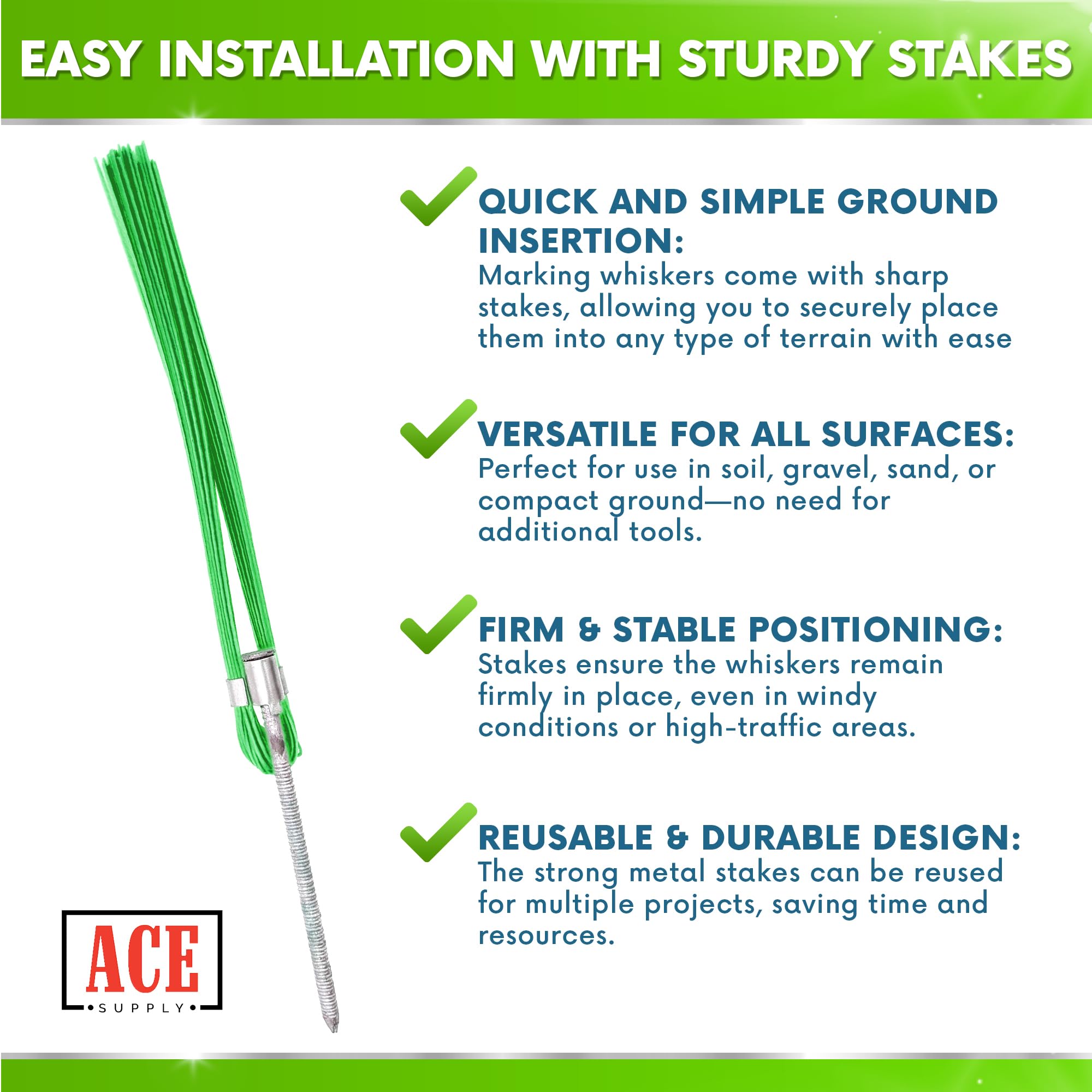 Blue Marking Whiskers With Stakes - 25 Pack - Durable Marking Whisker Set - Use Survey Whiskers As Ground Markers, Construction Markers, Or Trail Markers