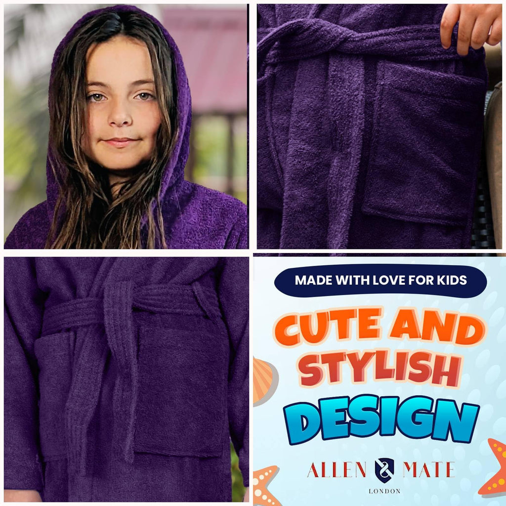 ALLEN & MATE 100% COTTON Hooded Kids Bathrobe – Soft, Medium Weight Absorbent Bath Towel Robe for Boys & Girls, 6-15 Years