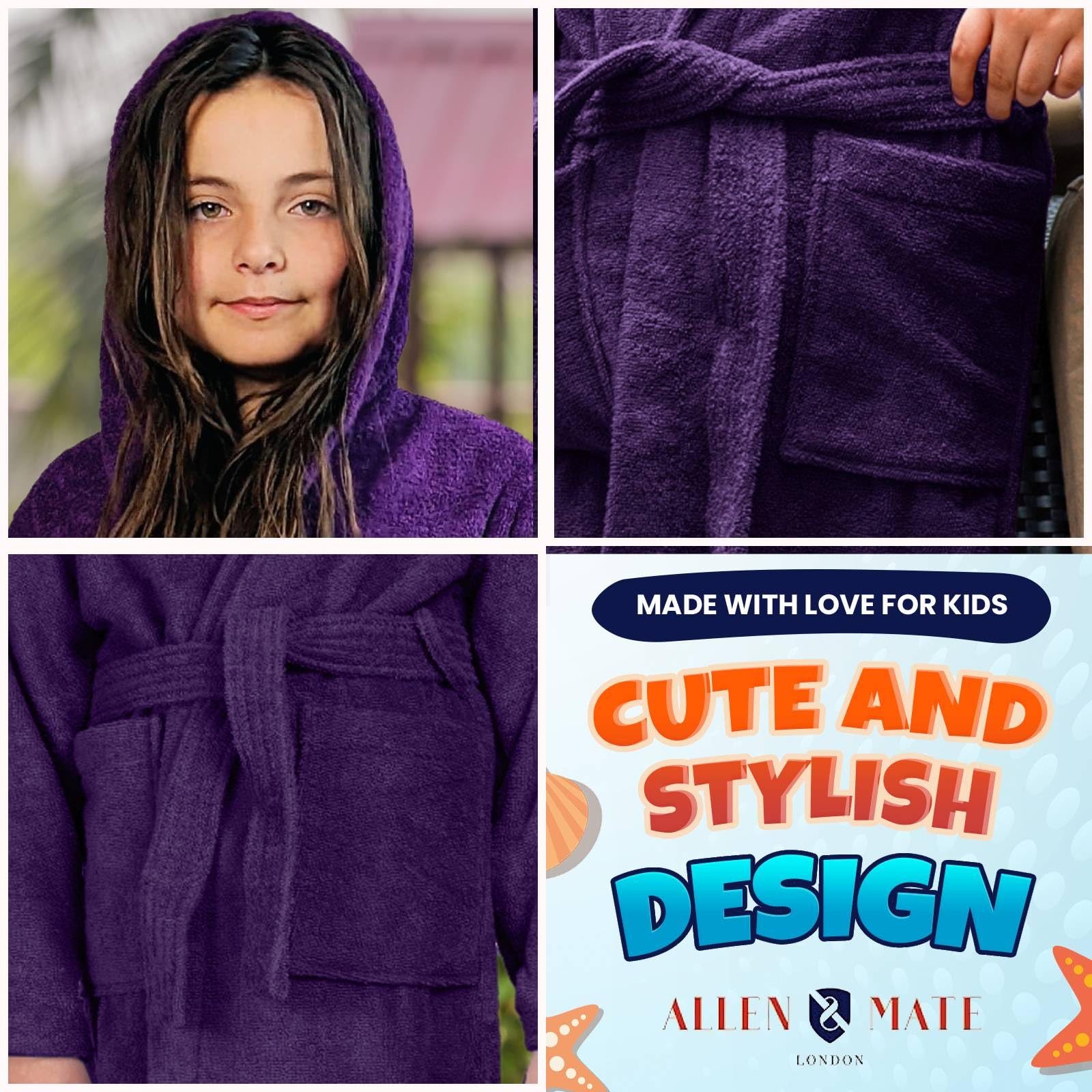 ALLEN & MATE 100% COTTON Hooded Kids Bathrobe – Soft, Medium Weight Absorbent Bath Towel Robe for Boys & Girls, 6-15 Years