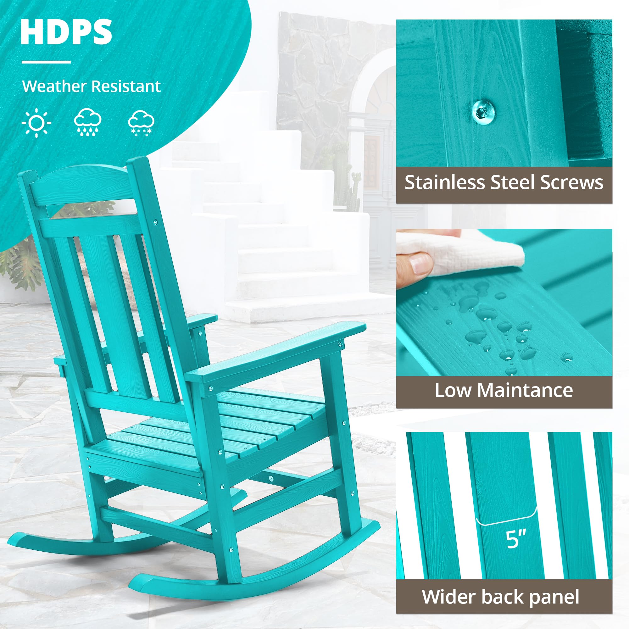 LUE BONA Rocking Chair Outdoor, Weather Resistant HDPS Plastic Rocker Chairs, 350lb Heavy Duty, Oversized Porch Rocker for Adult, High Back Smooth Rocking Chairs for Outdoor & Indoor, Aruba Blue