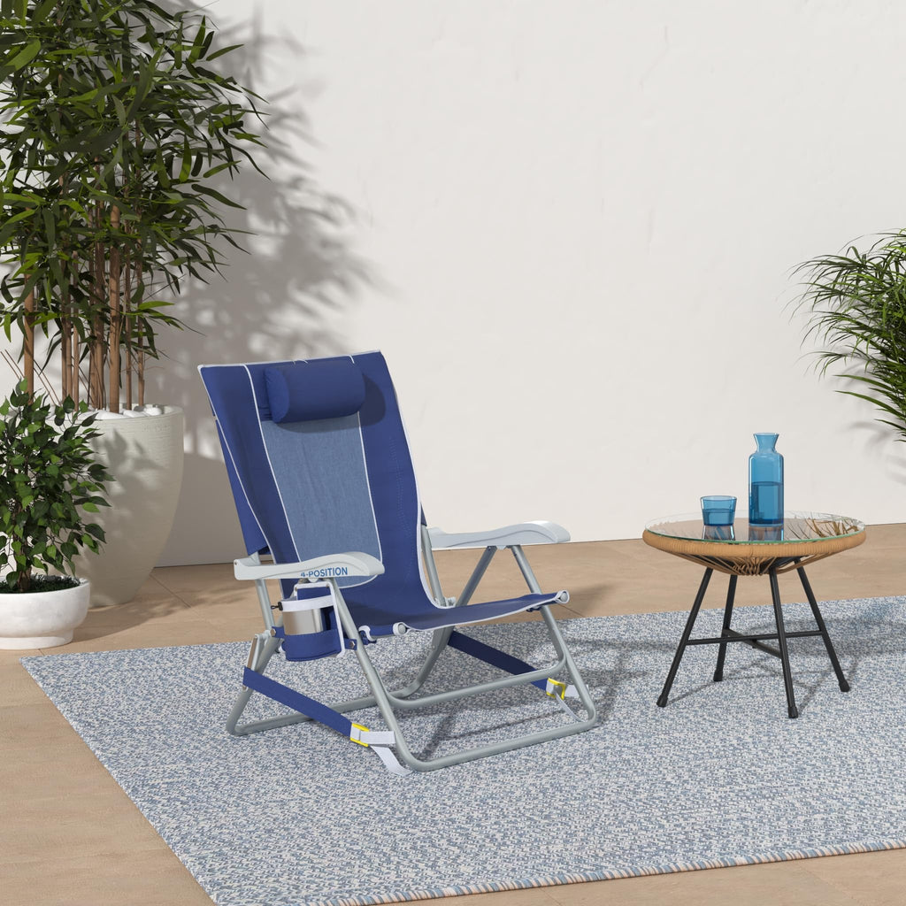 GCI Outdoor Sunshade Backpack Beach Chair | Reclining Folding Canopy Chair with Durable Armrests, Drink Holder & Carry Straps, Perfect for Beach Trips & Picnics — Saybrook Blue