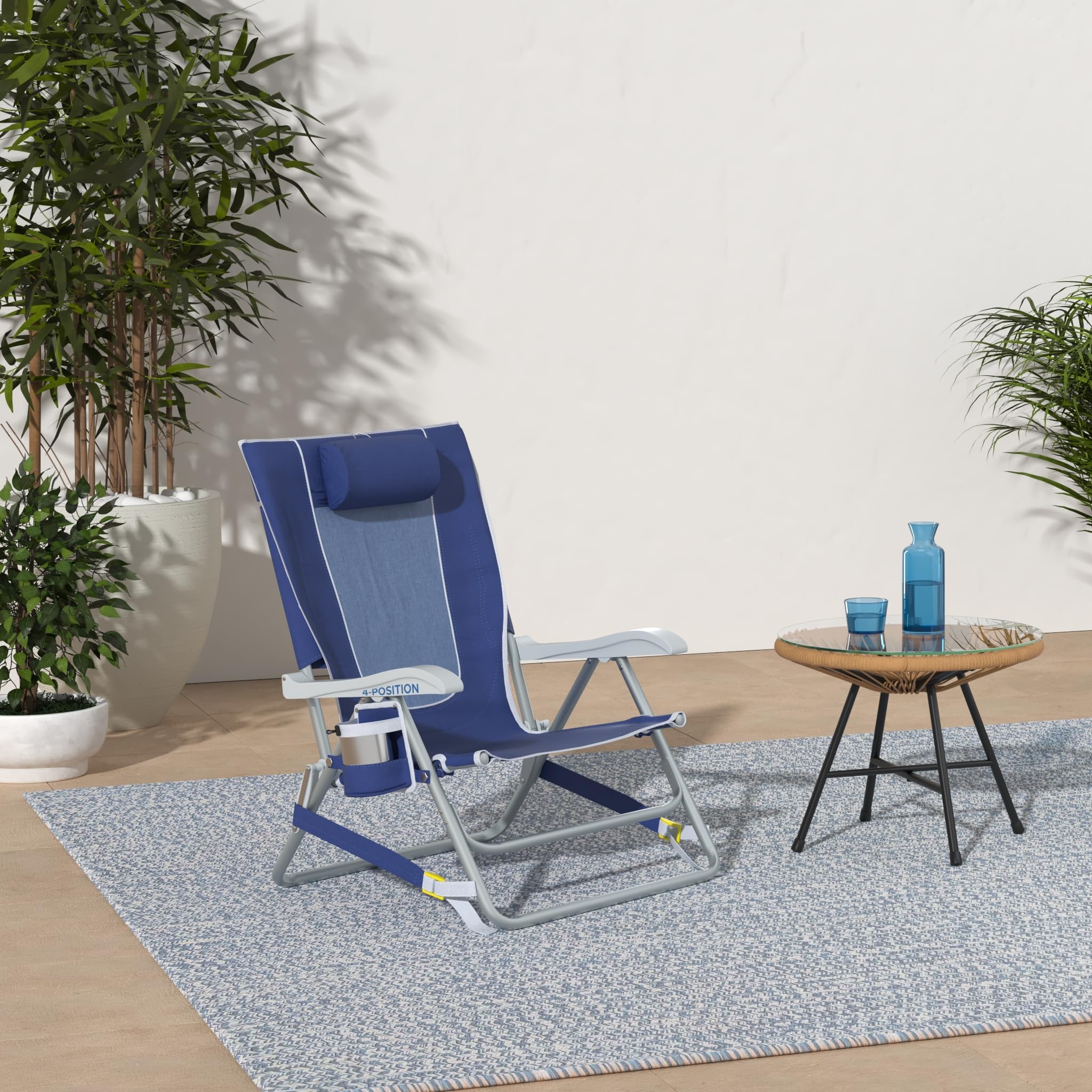 GCI Outdoor Sunshade Backpack Beach Chair | Reclining Folding Canopy Chair with Durable Armrests, Drink Holder & Carry Straps, Perfect for Beach Trips & Picnics — Saybrook Blue
