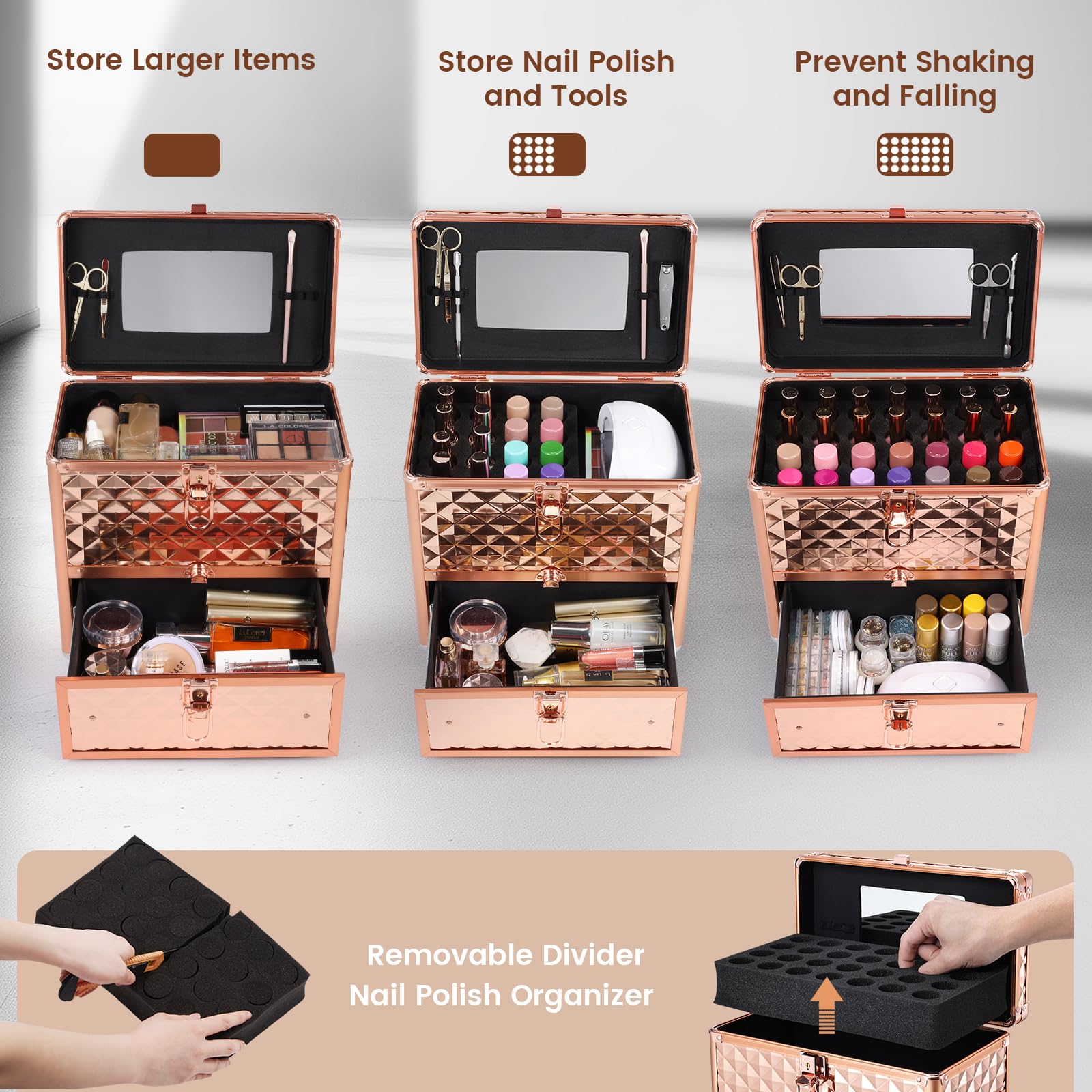 Frenessa Nail Polish Makeup Train Case with Drawer and Dividers Manicure Organizer Accessory Storage Makeup Box With Mirror Lockable Keys Nail Kit Organizer Cosmetic Case Jewelry Box - Black