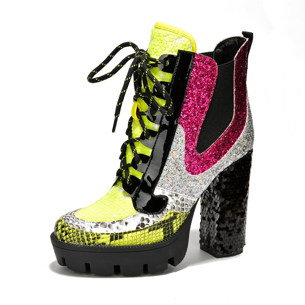 Cape Robbin Nell Heeled Boots for Women Sparkly Sequin Platform Chelsea Boots Women - Chunky Block Heels with Sequined Tongue and Heel - Stylish Glitter Ankle Boots for Women