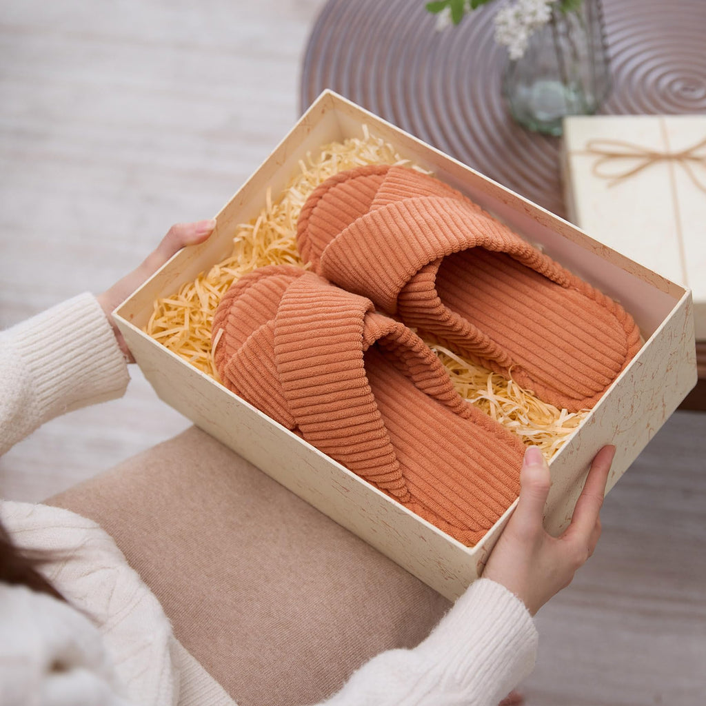 GOEWY Slippers for Women Memory Foam House Bedroom Corduroy Crossbands Open Toe Slides Sandals Shoes Comfy Trendy Gift for womens Anti-Skid sole