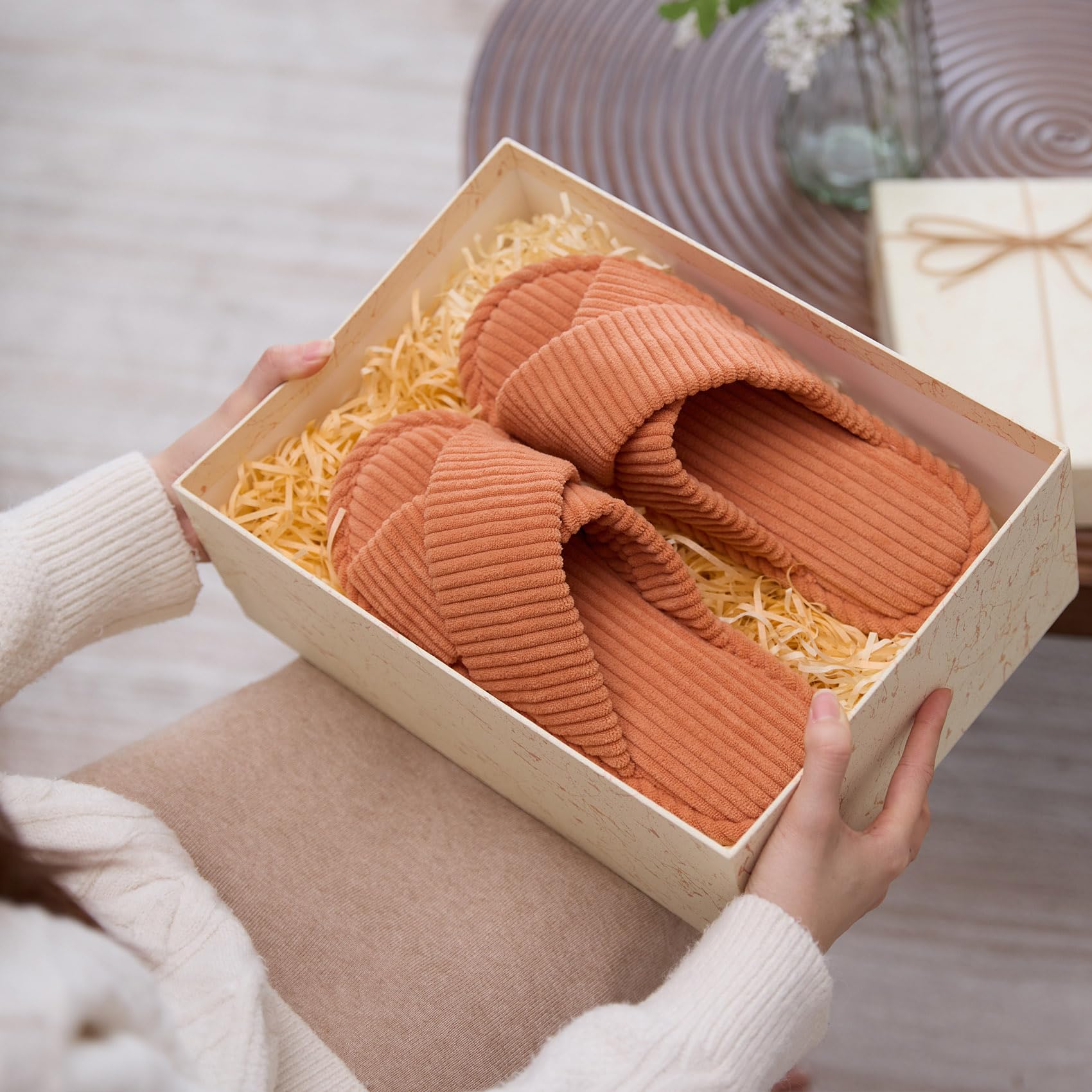 GOEWY Slippers for Women Memory Foam House Bedroom Corduroy Crossbands Open Toe Slides Sandals Shoes Comfy Trendy Gift for womens Anti-Skid sole