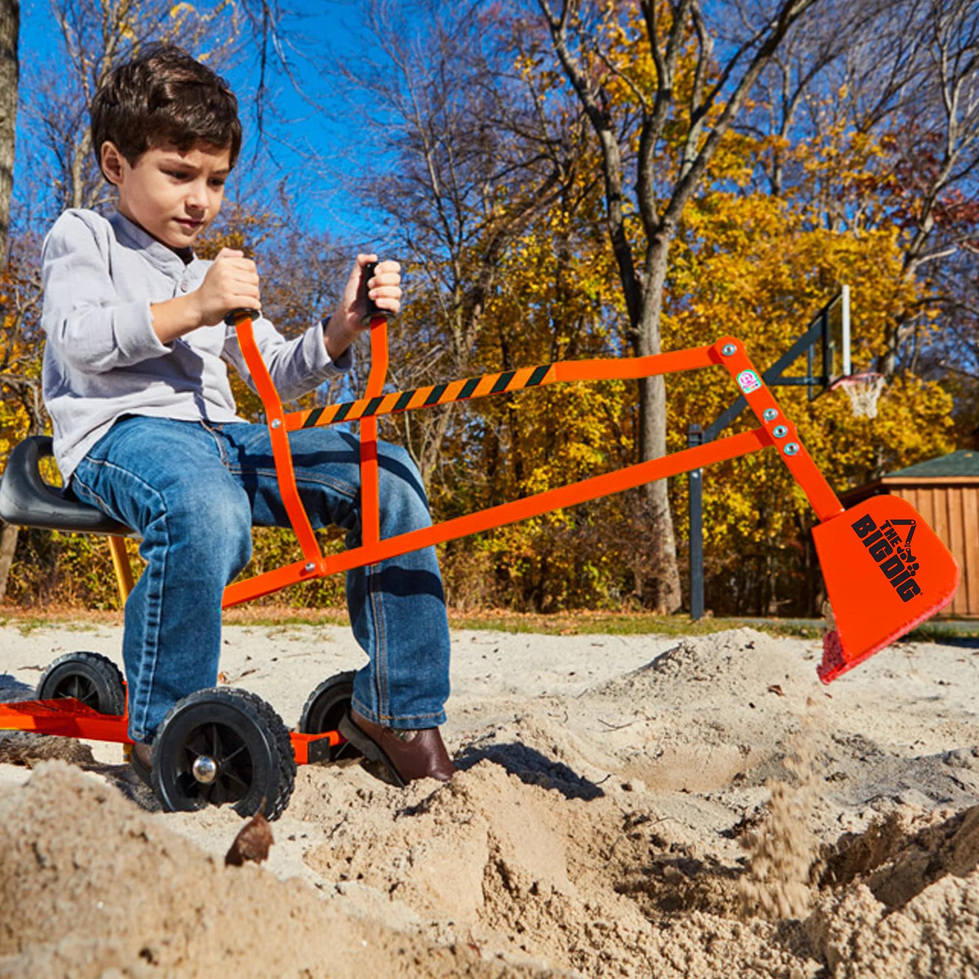 Big Dig Toy Excavator Ride, Sand Digger w/ 360 Rotation Base for Kids Ages 3 & Up, Yellow - Outdoor Playground and Beach Construction Riding Toys for Children