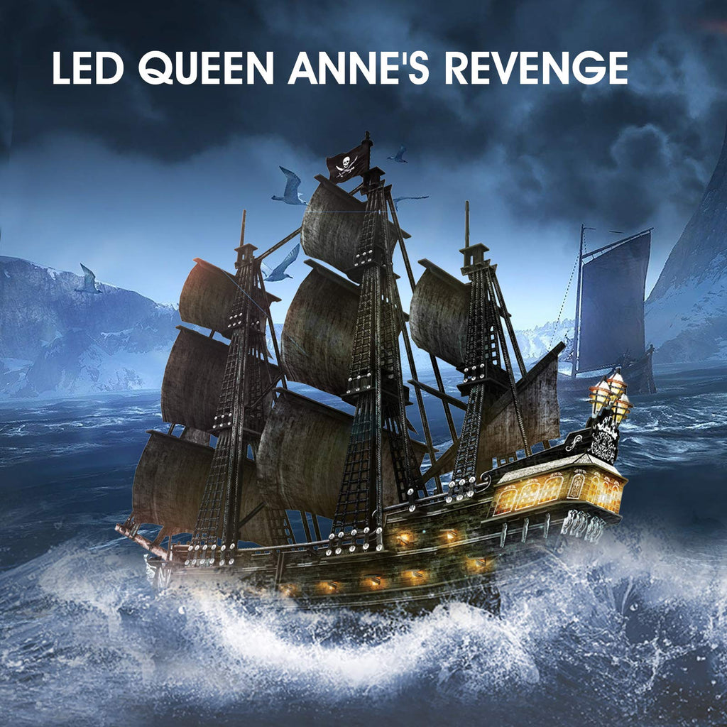 CubicFun 3D Puzzles for Adults - Led Pirate Ship Queen Anne's Revenge - Large 27'' Sailboat Puzzles - Desk Decor, Anniversary Teacher Appreciation Gifts High School Graduation Gifts