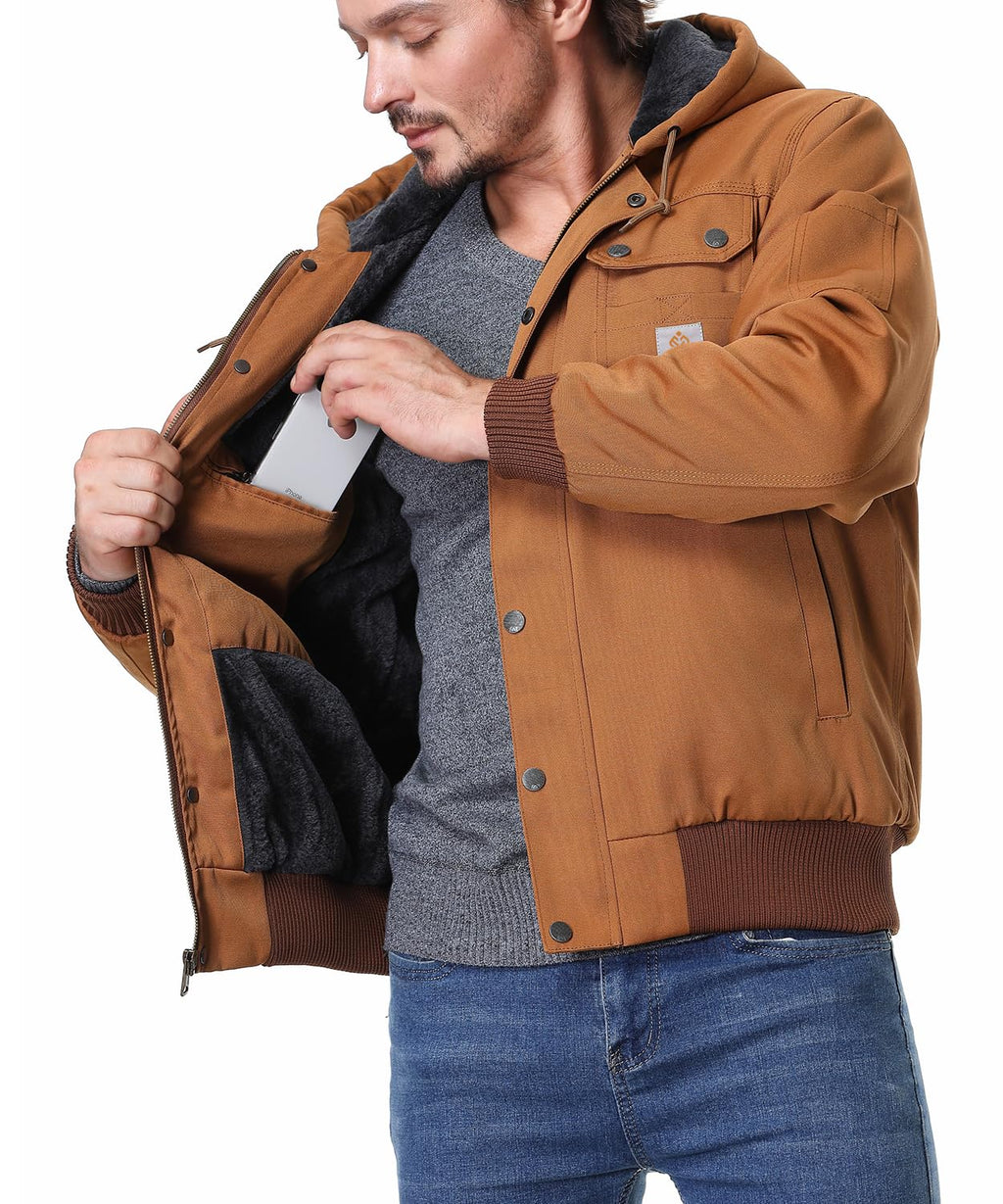 TUAOVA Men's Fit Relaxed Work Coat Fleece Lined Waterproof Workwear Winter Hooded Jacket with Multiple Pockets