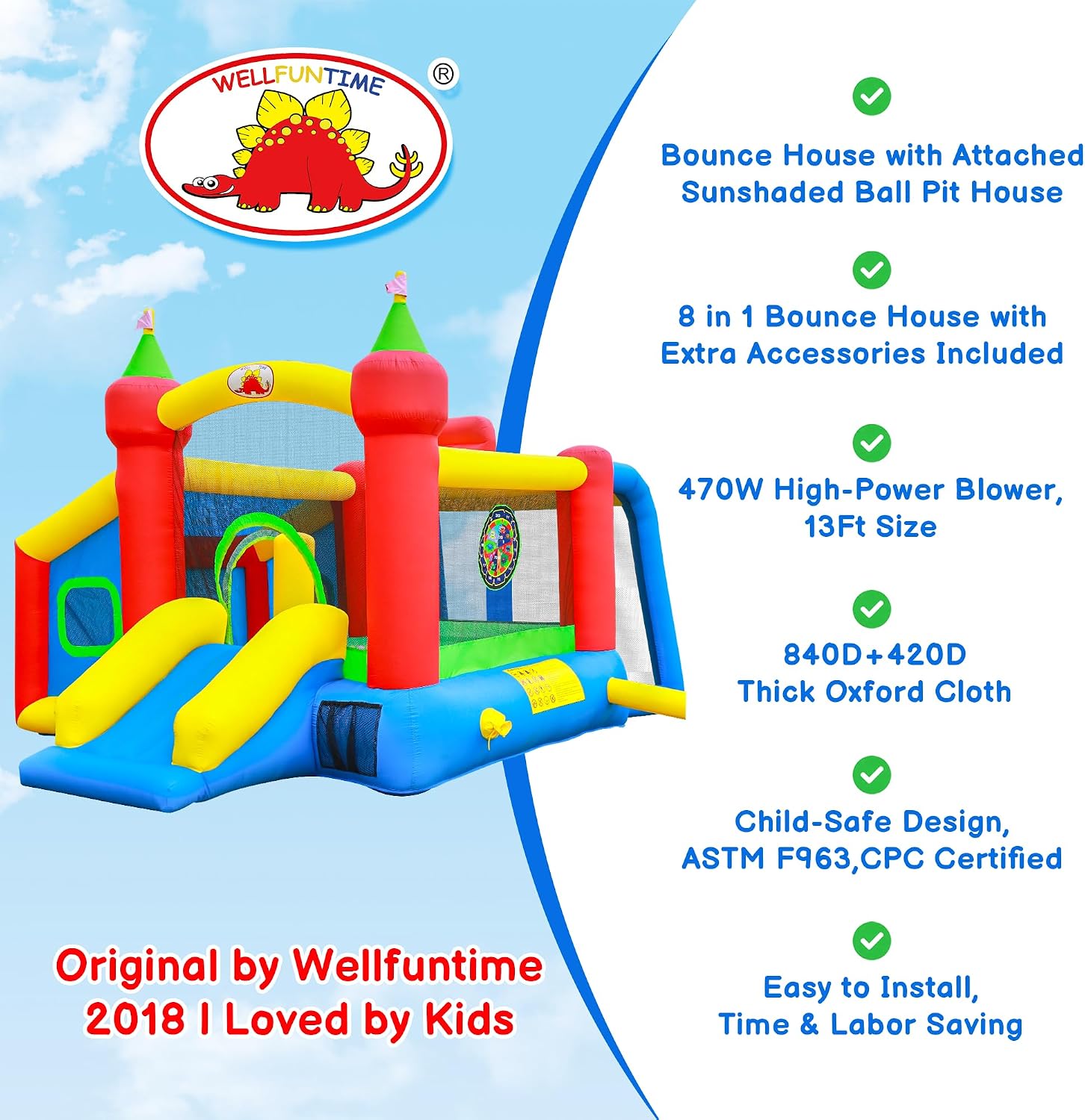 WELLFUNTIME Inflatable Bounce House,Jumping Castle Slide with Blower,Kids Bouncer with Ball Pit