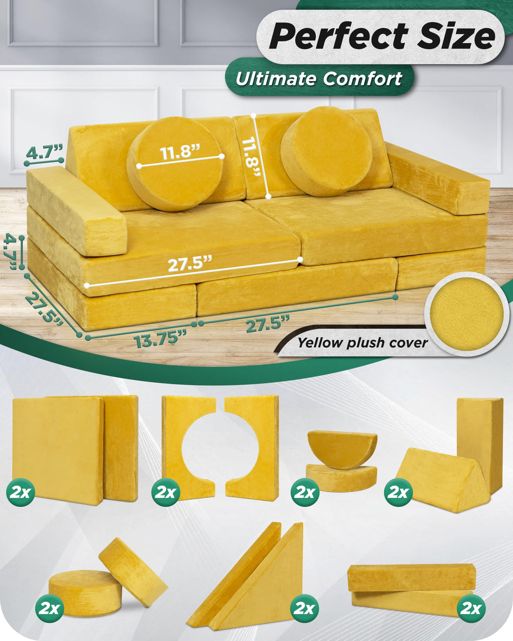 Lunix LX15 14pcs Modular Kids Play Couch, Child Sectional Sofa, Fortplay Bedroom and Playroom Furniture for Toddlers, Convertible Foam and Floor Cushion for Boys and Girls, Amber Yellow