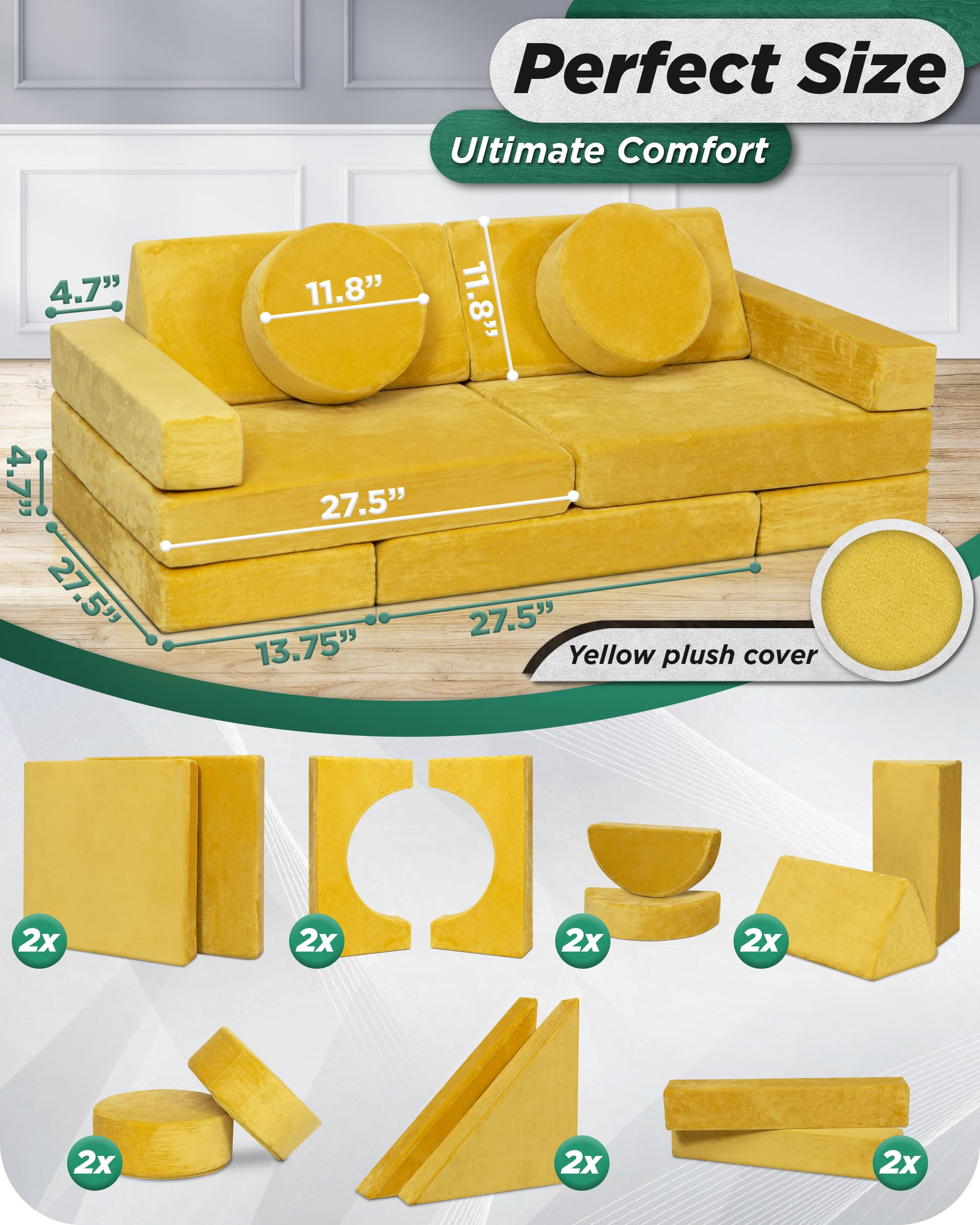 Lunix LX15 14pcs Modular Kids Play Couch, Child Sectional Sofa, Fortplay Bedroom and Playroom Furniture for Toddlers, Convertible Foam and Floor Cushion for Boys and Girls, Amber Yellow
