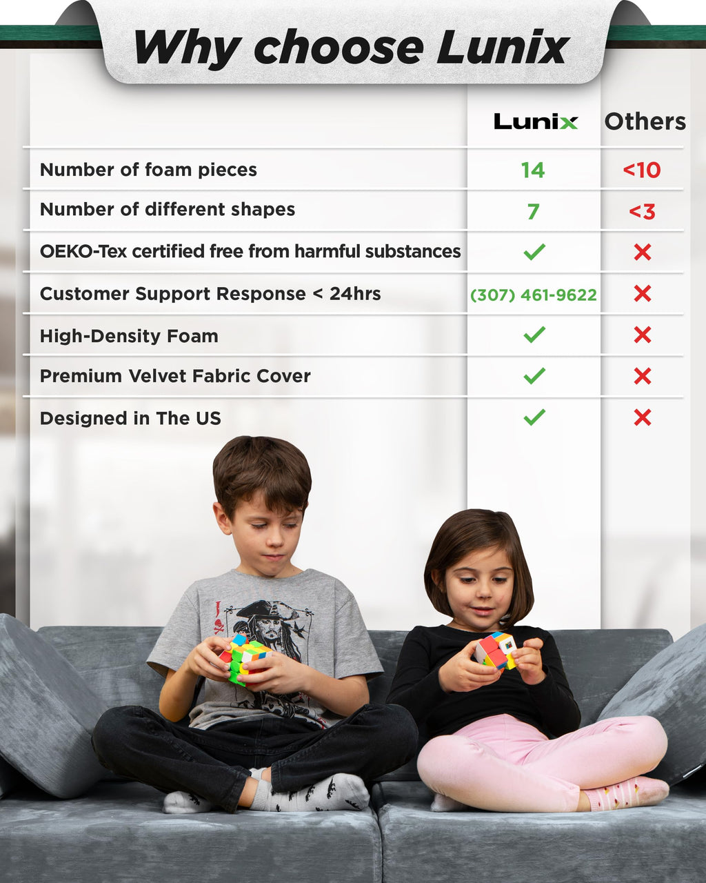 Lunix LX15 14pcs Modular Kids Play Couch, Child Sectional Sofa, Fortplay Bedroom and Playroom Furniture for Toddlers, Convertible Foam and Floor Cushion for Boys and Girls, Amber Yellow