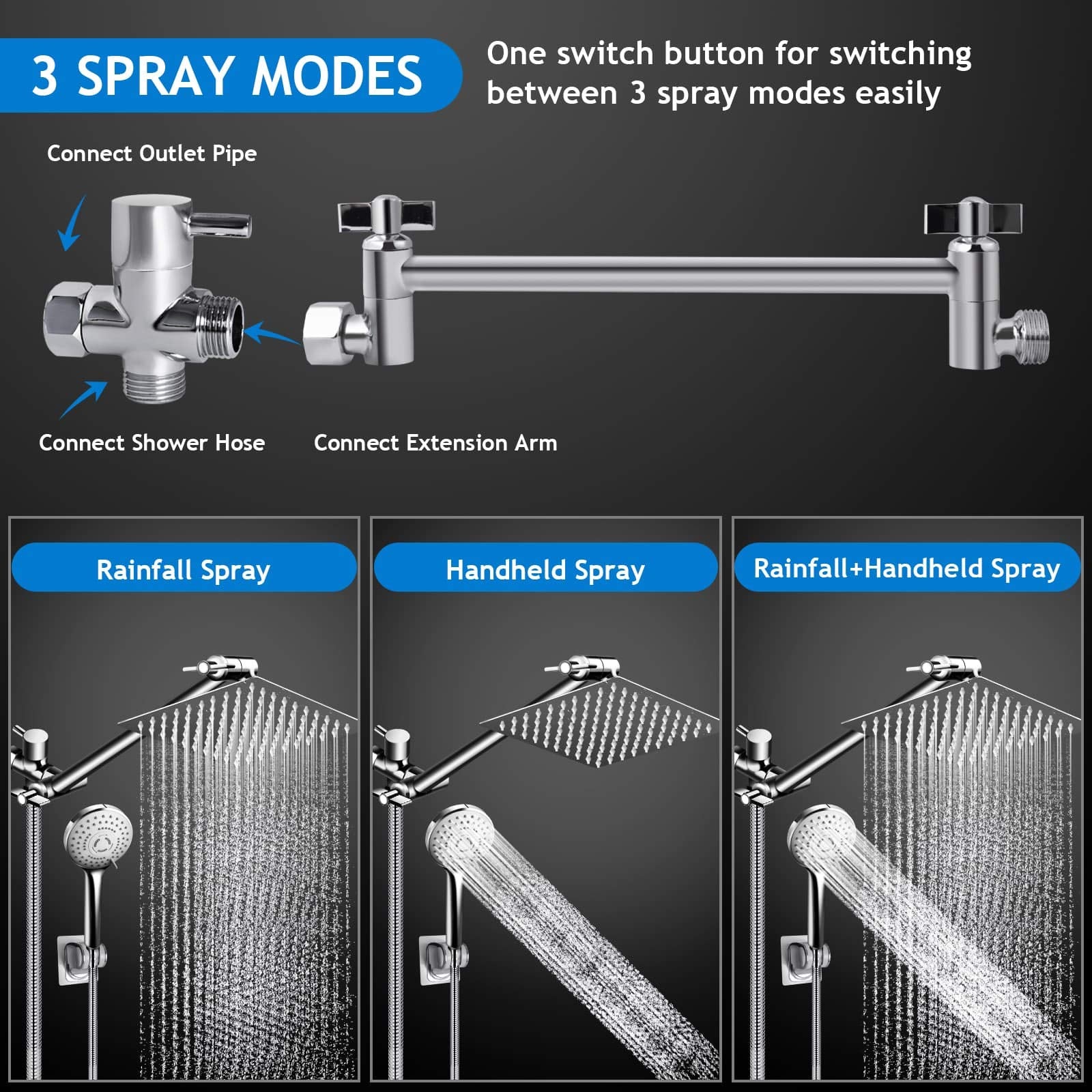 Shower Head Combo(Brushed Nickel),8 Inch High Pressure Rain Shower Head with 11 Inch Adjustable Extension Arm and 5 Settings Handheld Shower Head Combo,Powerful Shower Spray Against Low Pressure Water