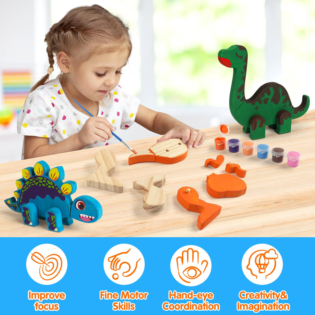 Mocoosy Wooden Dinosaur Painting Art and Craft Kit for Kids 4-8, Build & Decorate Your Own Dinos with Paint & Stickers, Wood Dinosaur Builder Game Montessoi Educational Toy Gift Toddler Boys Girls 3-5