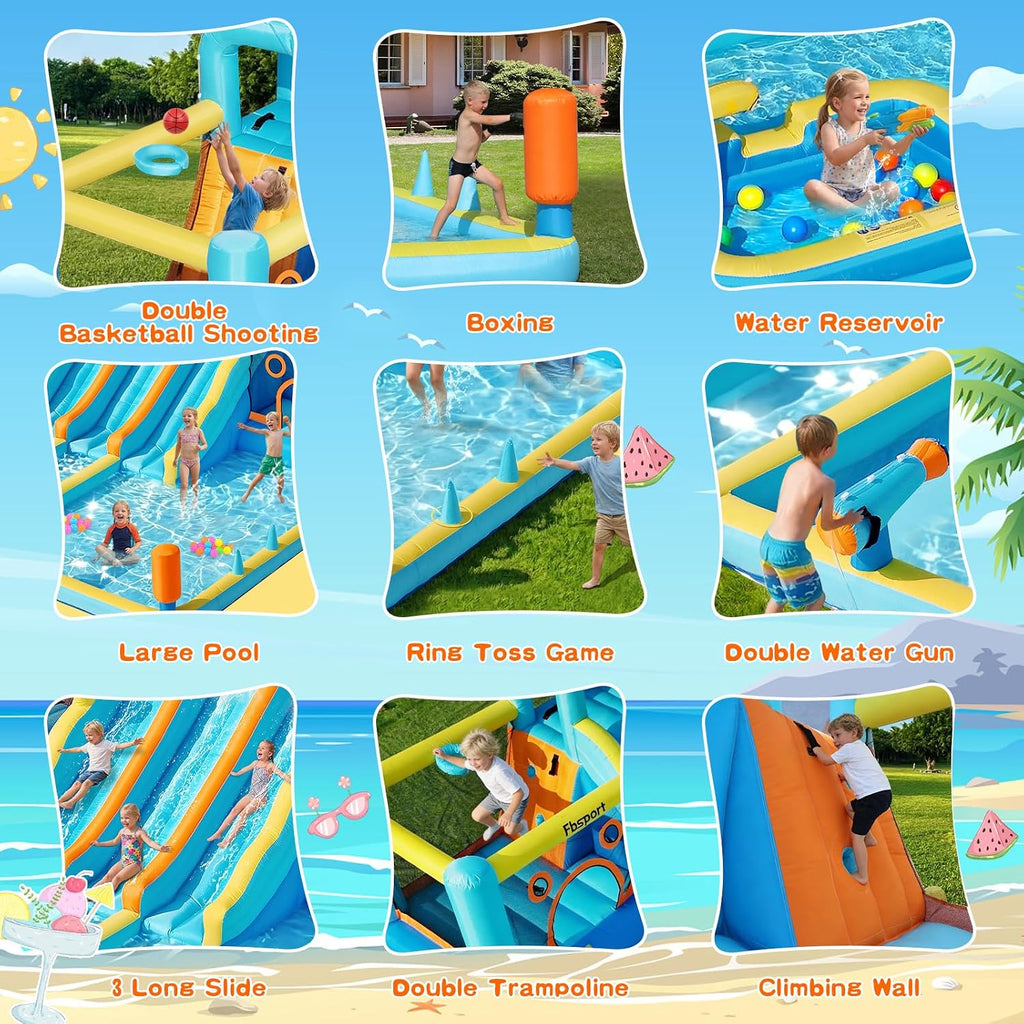 FBSPORT Inflatable Bounce House Water Slide, 3 Slides & 2 Bouncers 10-in-1 Water Slide Park Bounce House with 950W Blower, Bouncy Castle for Kids Backyard Party Outdoor, with Water Gun, Splash Pool