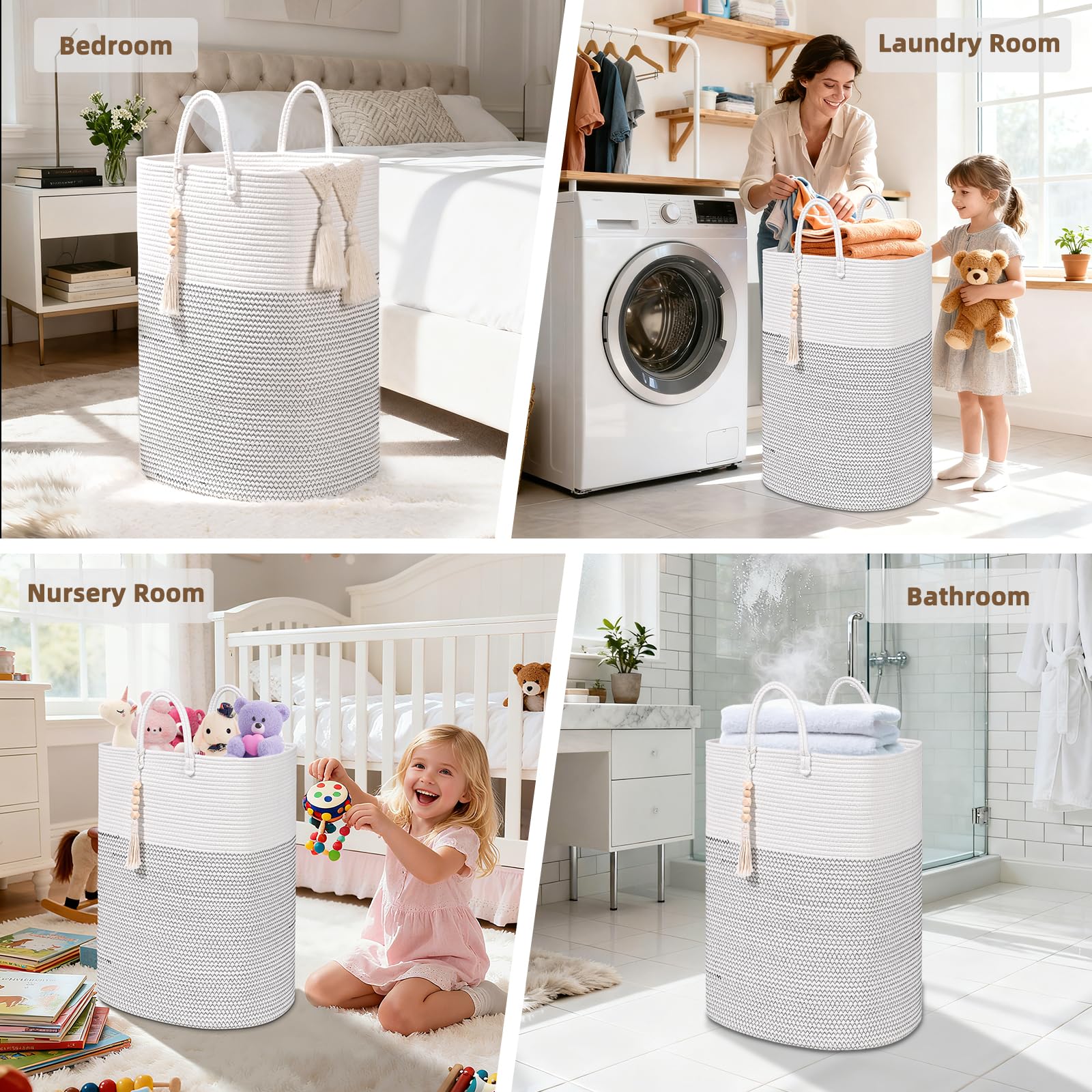 Woven Laundry Basket for Clothes, 50L Large Rectangle Laundry Hampers with Beads Tassel, Nursery Storage Basket for Toys, Tall Dirty Clothes Hamper for Bedroom Aesthetic, Laundry Room Organization