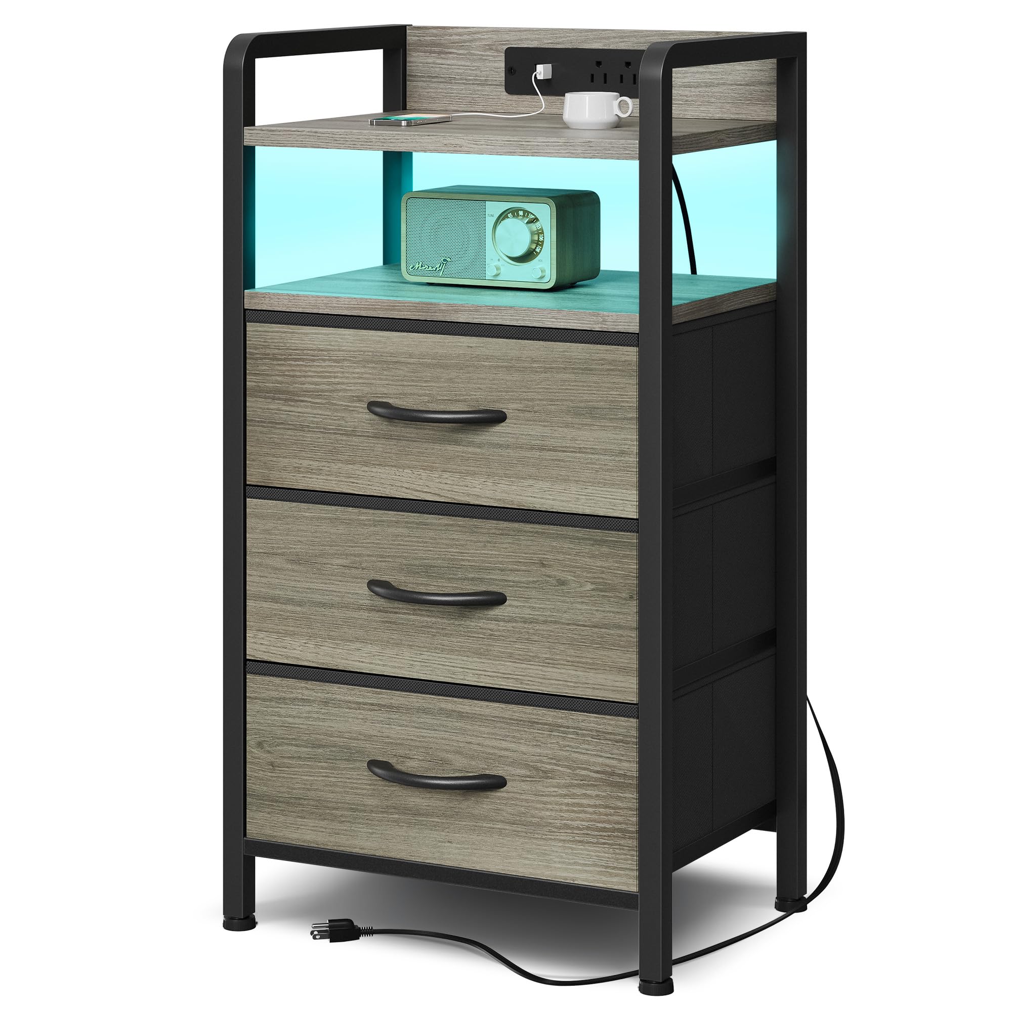 Lazzanto Night Stand Bedside Charger Bedroom - Nightstand with Charging Station & LED Light Strip, Night Stand with Storage Shelf & 2 Fabric Drawers, Morden End Table with U-S-B Ports & AC Outlets