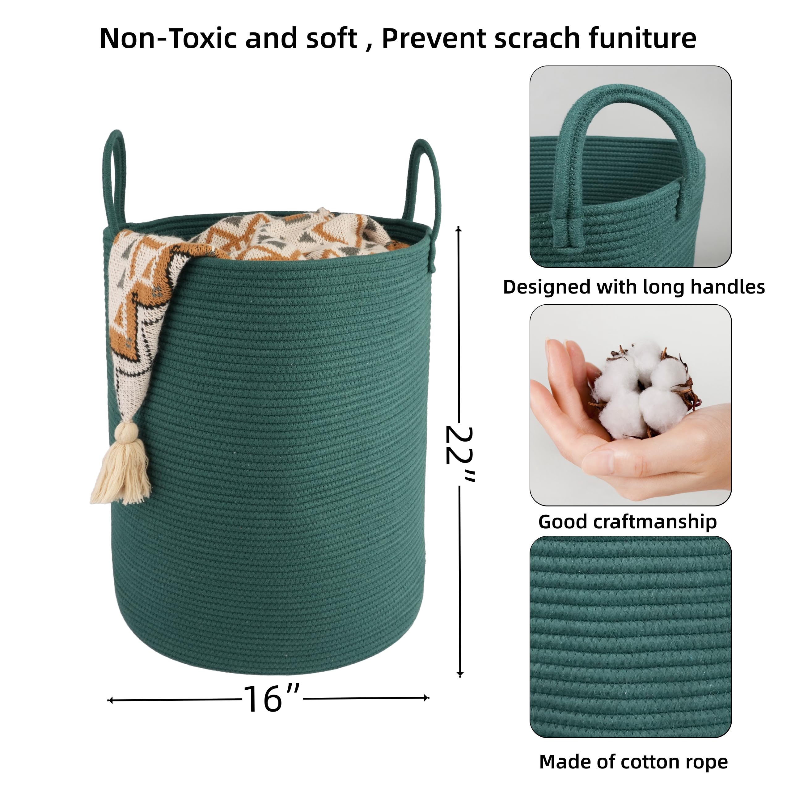 XUANGUO Black Cotton Rope Laundry Basket Hamper for Clothes Woven Storage Basket for Living Room Bedroom Boho Tall Rope Baskets for Blanket Toys Pillow Towels Baby Nursery Hamper Bin Large