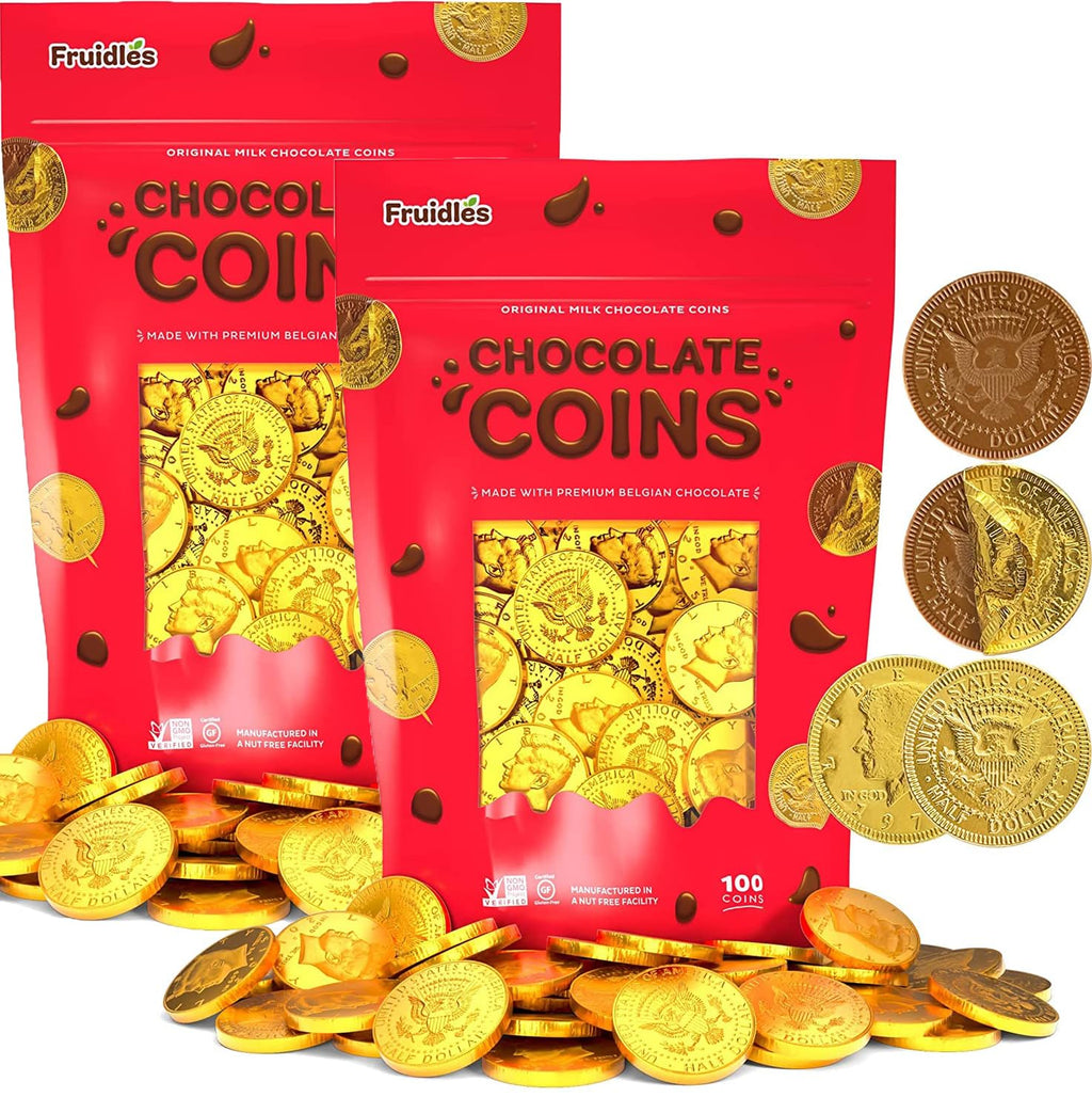 25 Edible Chocolate Coins, Gold Half Dollar Milk Chocolate, Made with Premium Belgian ingredients, Nut Free, Non-GMO, Certified Kosher Dairy 25-Pack Christmas Stocking Stuffers