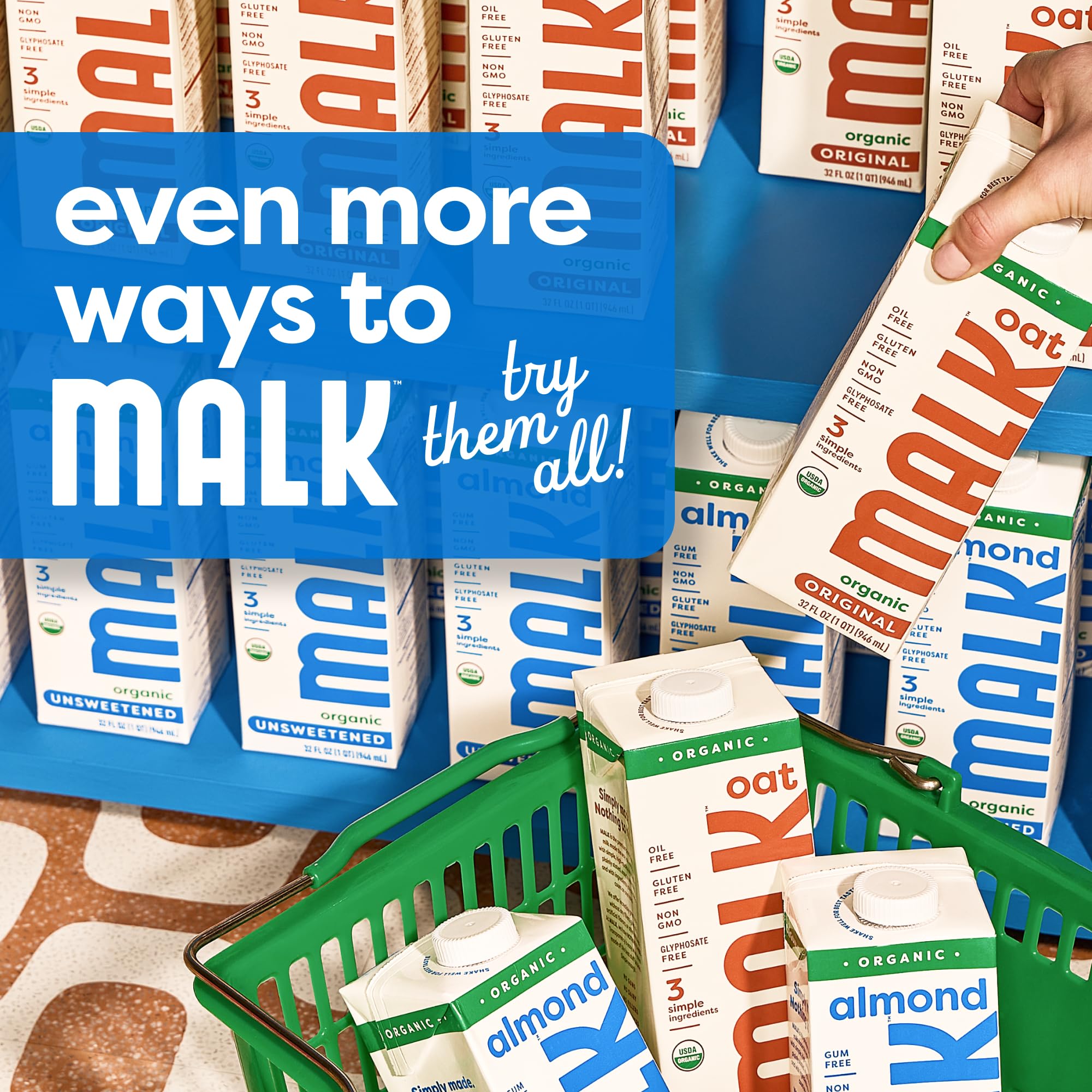 MALK Almond Milk Unsweetened (32oz, Pack of 6) - Shelf Stable Organic Almond Milk, Non GMO, Whole 30, Dairy Free, Vegan, Plant Based, No Gums or Fillers - Malk for Smoothies, Cereal, Coffee,Creamer