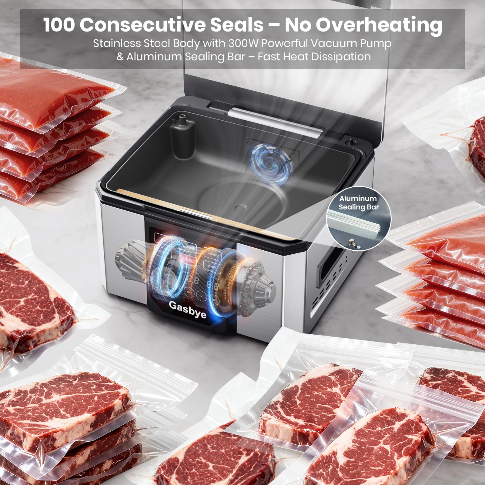 Gasbye 95kPa Precision Vacuum Sealer Machine, Double Heat Seal for Dry/Moist Food, Easy-Lock Handle, Built-in Bag Storage & Cutter, Progress Display, Pulse Mode, Removable Drip Tray, Silver