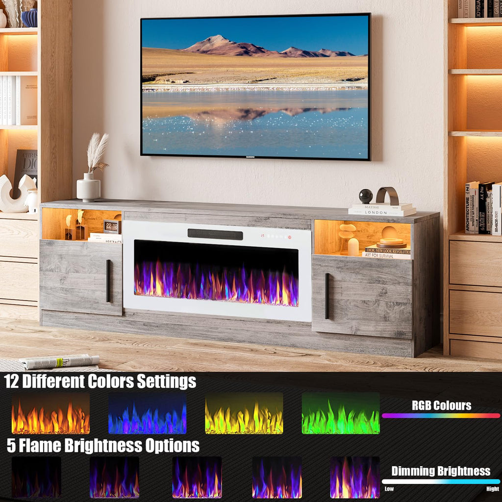 VITESSE 58 Inches Fireplace TV Stand for TVs up to 65 Inches Console with 18'' Electric Fireplace & Remote,Wooden Modern Entertainment Center for Living Room with LED Light Glass Shelves（Bei）