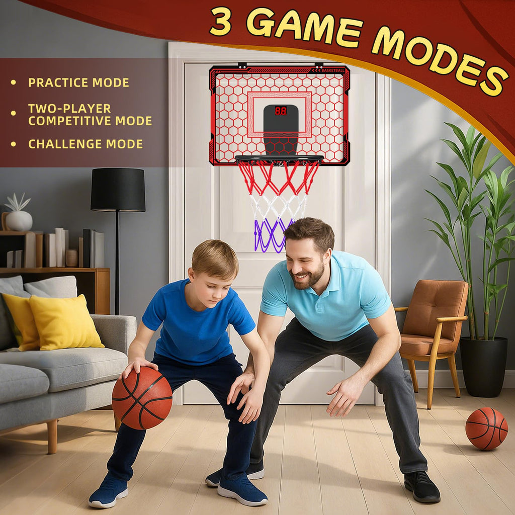 Molutsody Over The Door Basketball Hoop, for Kids (Blue) | Mini Hoop with LED Light & Scoreboard. Includes 3 Balls & Air Pump. Gifts for 4-12 Year Old Boys Girls