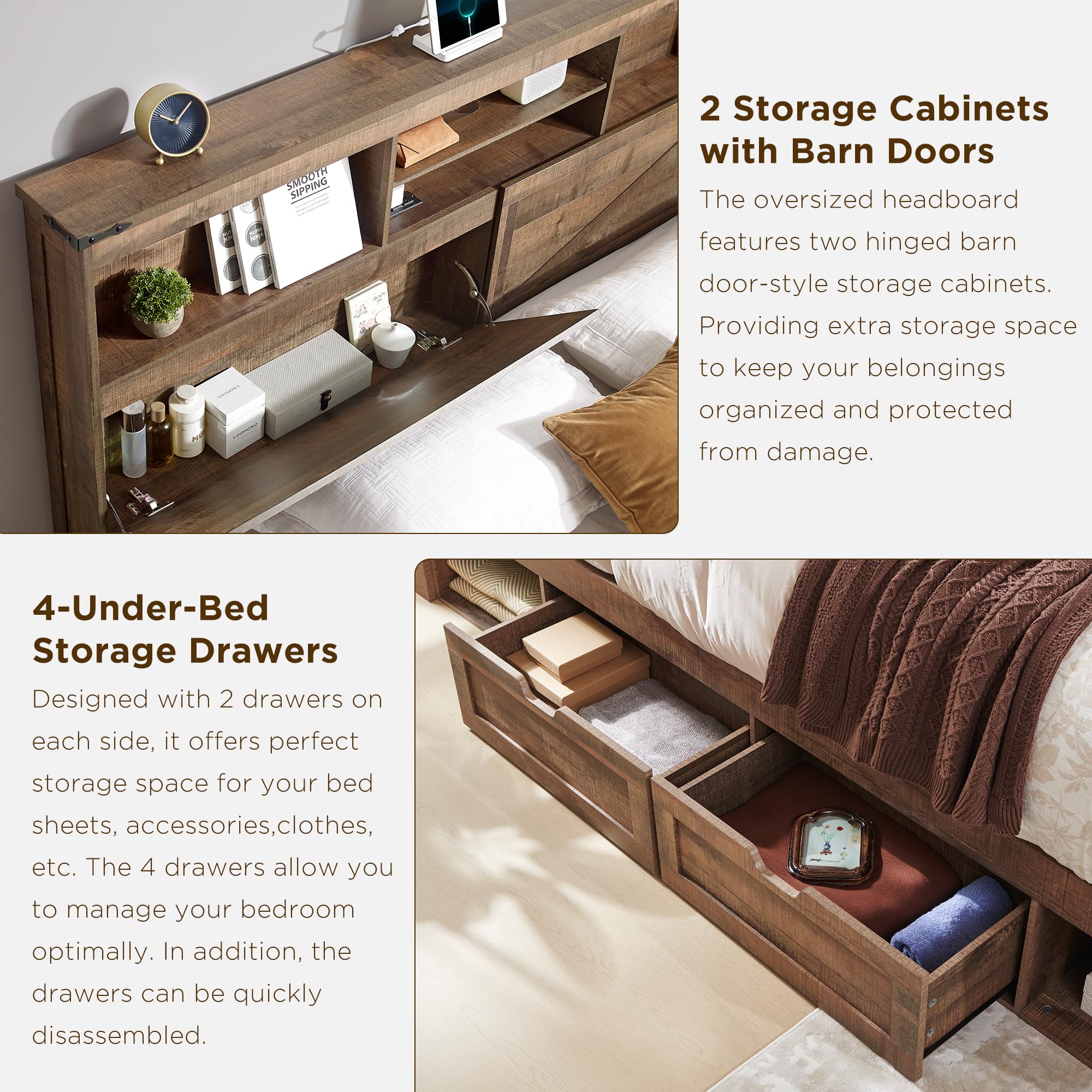 ACCOHOHO Queen Size Wood Bed Frame Farmhouse with 52" Tall Storage Bookcase Headboard, LED Light,Charging Station,4 Drawers and Solid Wood Slats Support,Noiseless,No Box Spring Needed - Black