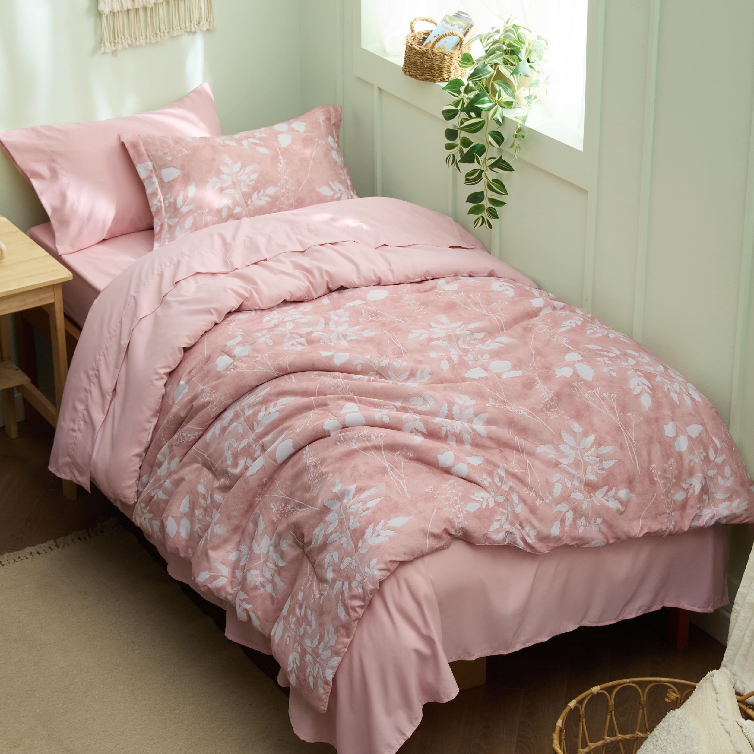Bedsure Twin Comforter Set - 5 Pieces Floral Sage Green Soft Bedding Sets, Twin Bed in a Bag with Botanical Flowers Comforter, Sheets, Pillowcase & Sham