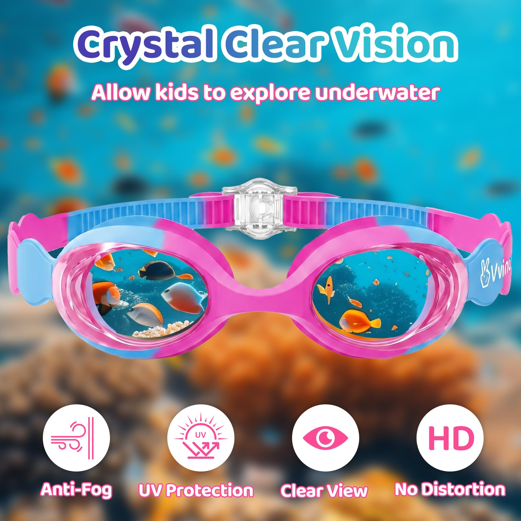 Vvinca Kids Swim Goggles with Fabric Strap No Tangle Pain-Free, Anti-Fog Swimming Pool Goggle No Leak for Toddlers Girls Boys