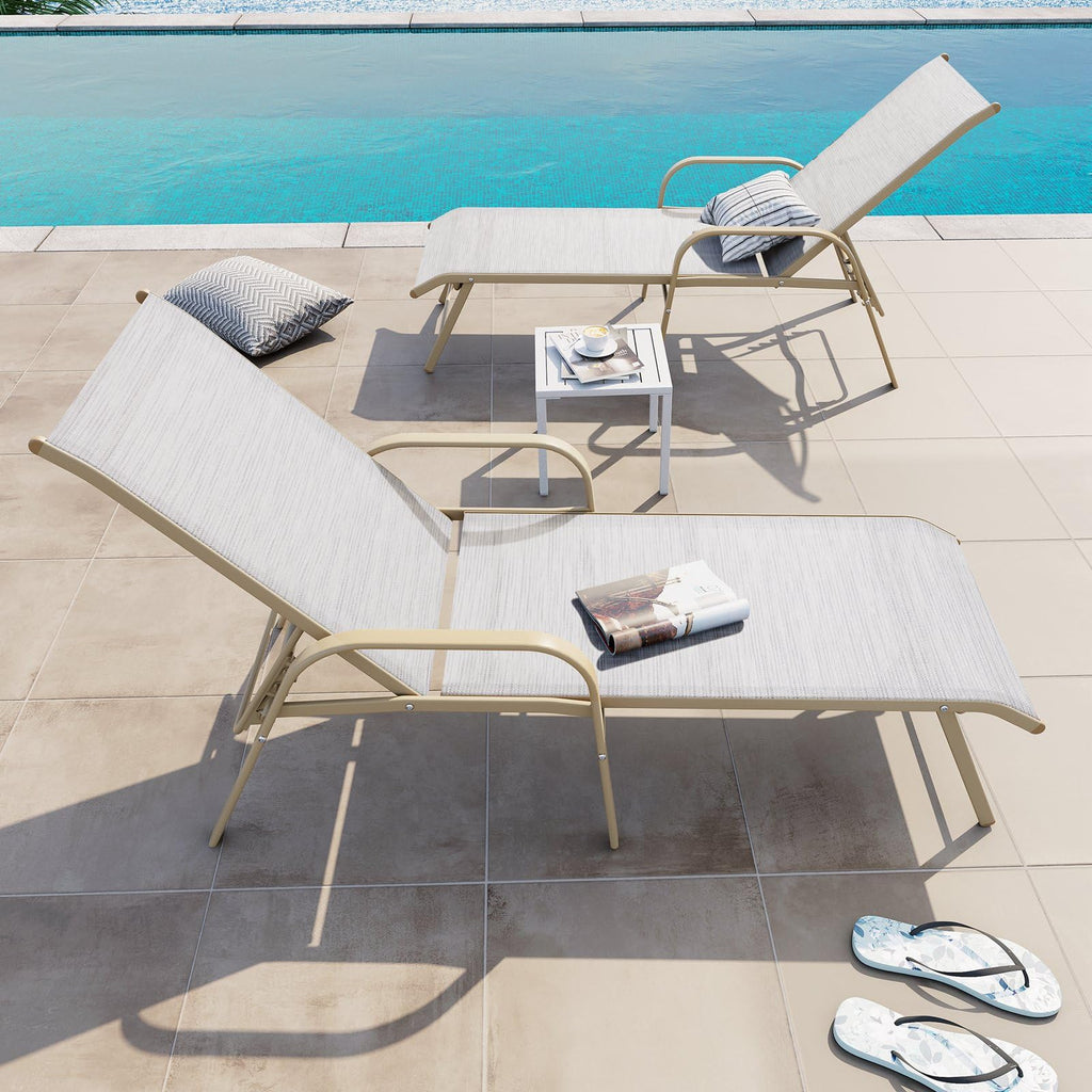 Crestlive Products Chaise Lounge Chair Outdoor with Armrests, Pool Lounge Chairs Set of 2, Aluminum Adjustable 5 Positions Sun Tanning Lounger for Patio, Poolside, Yard, Deck, Backyard (Beige)