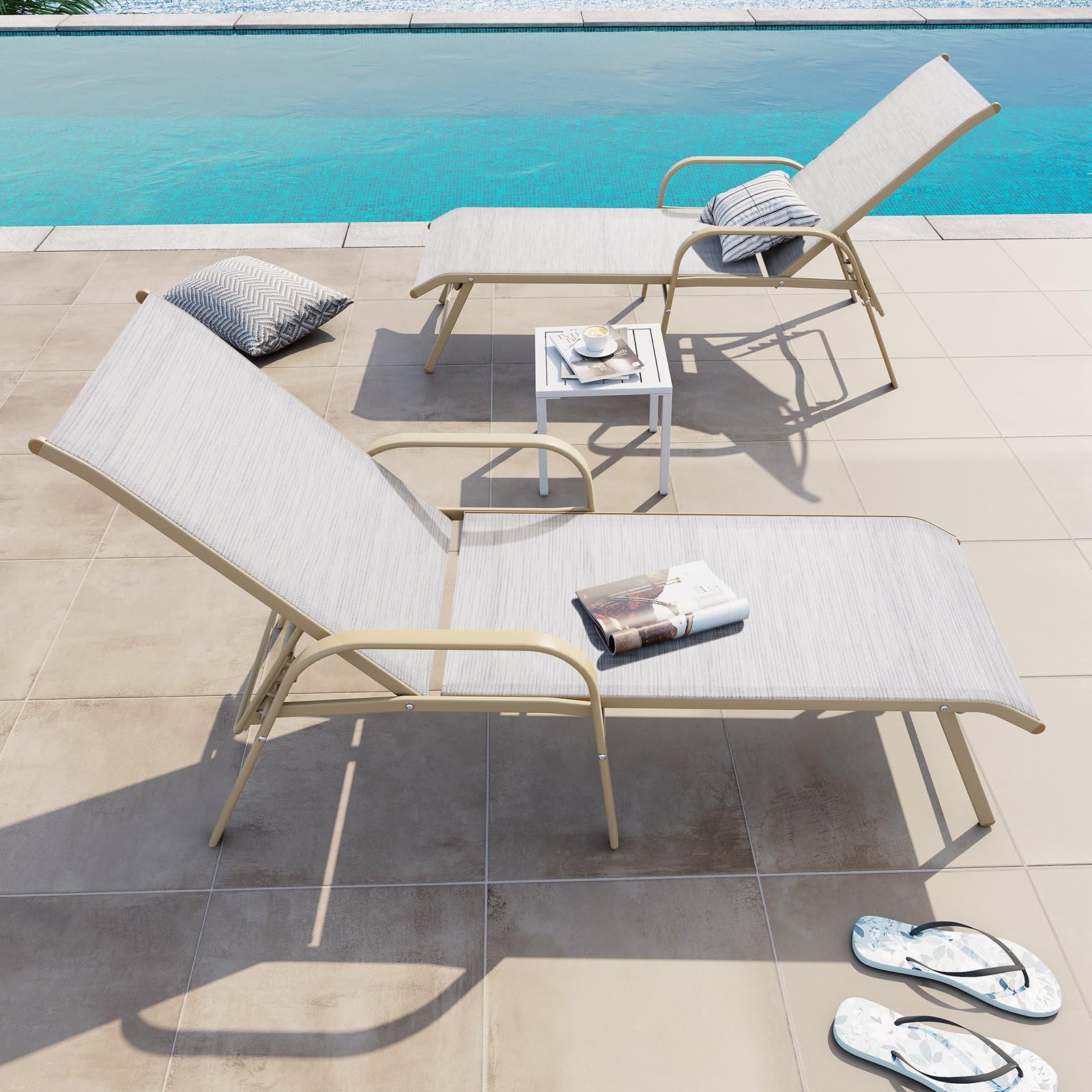 Crestlive Products Chaise Lounge Chair Outdoor with Armrests, Pool Lounge Chairs Set of 2, Aluminum Adjustable 5 Positions Sun Tanning Lounger for Patio, Poolside, Yard, Deck, Backyard (Beige)