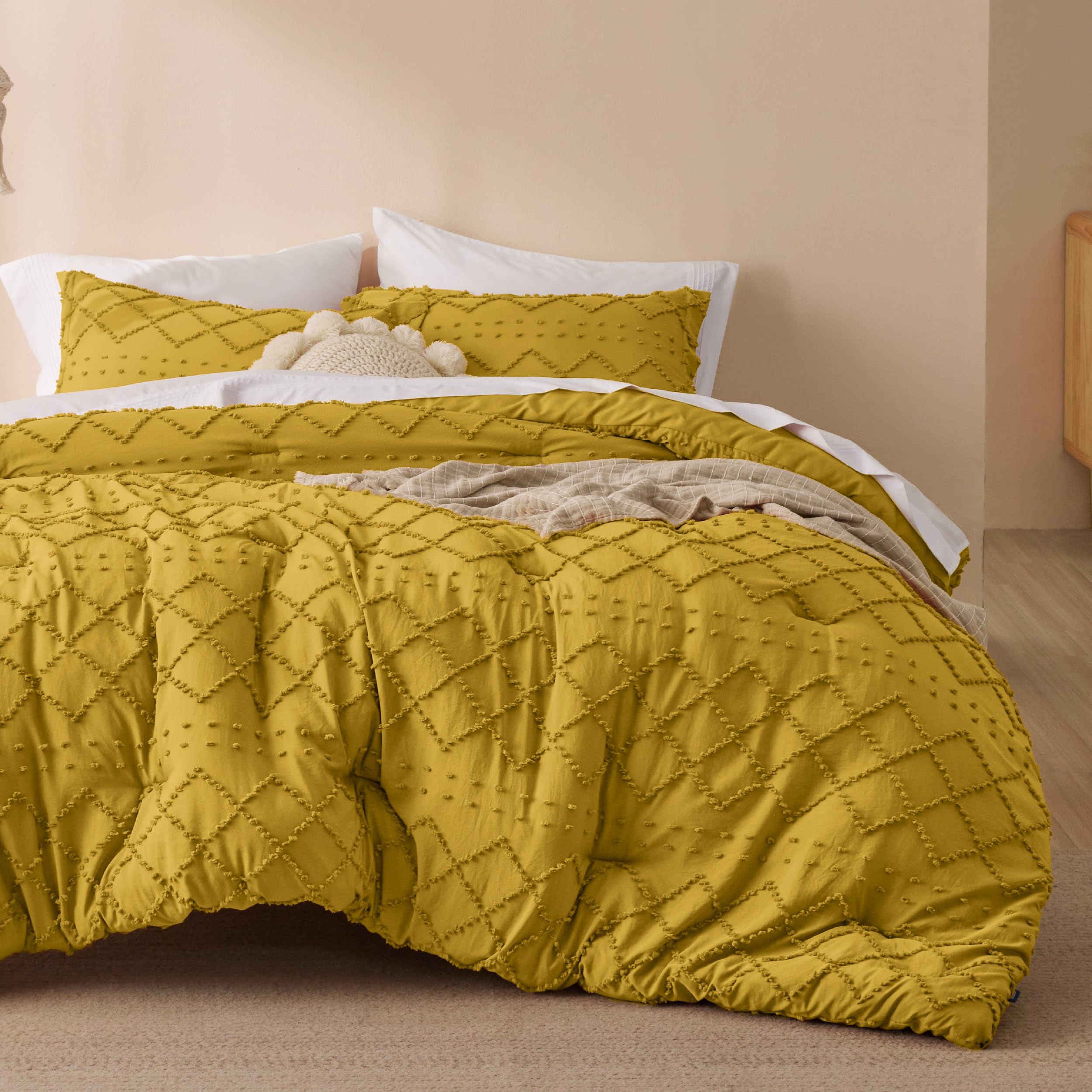 Bedsure Twin Comforter Set - White Boho Twin Comforter, Distressed Vintage Dorm Bedding Set for Kids, 2 Pieces Modern Farmhouse-Style Bed Set, Includes 1 Pillow Sham