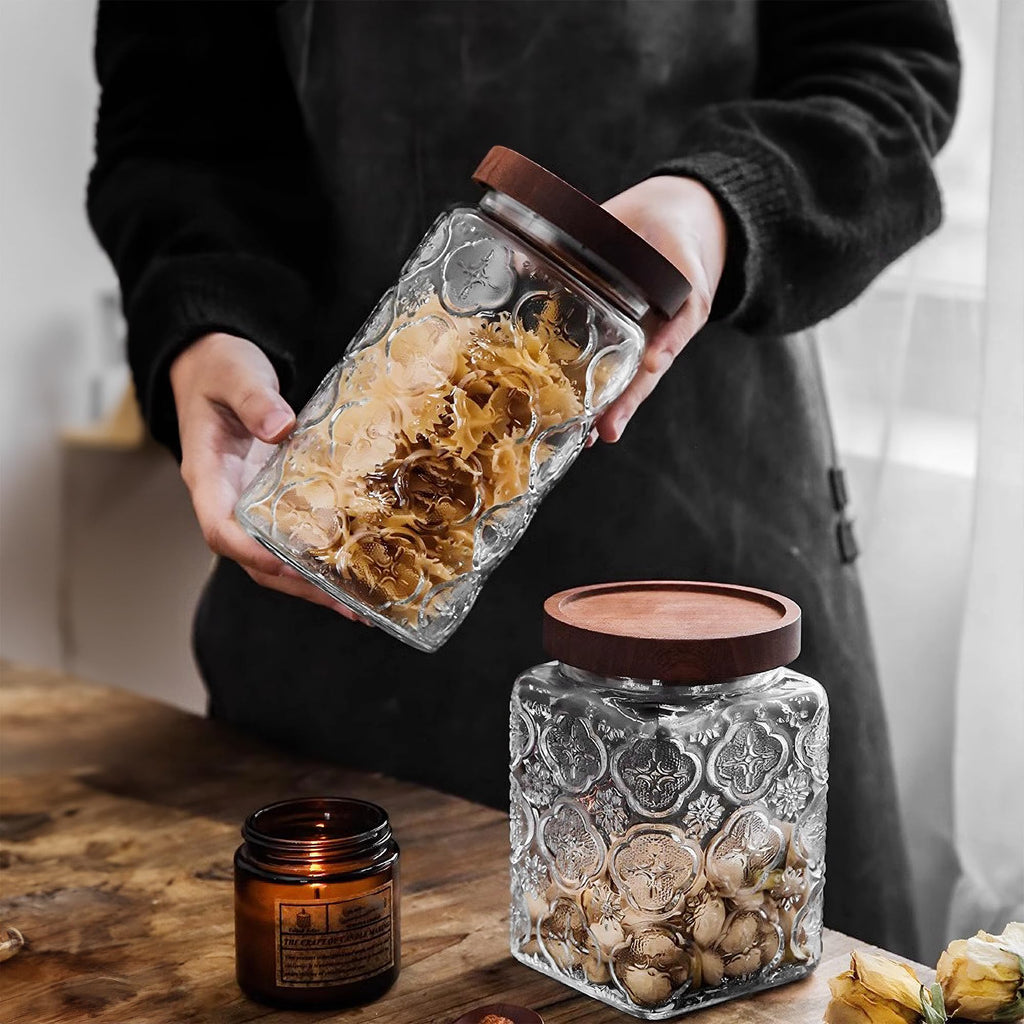 Custde Glass Storage Jars With Airtight Lid, 23.7oz Container For Kitchen Counter with Wooden Lid, brown sugar, candy, coffee, cookie, salt, tea, cute Jar (35oz Large Begonia Flowers)