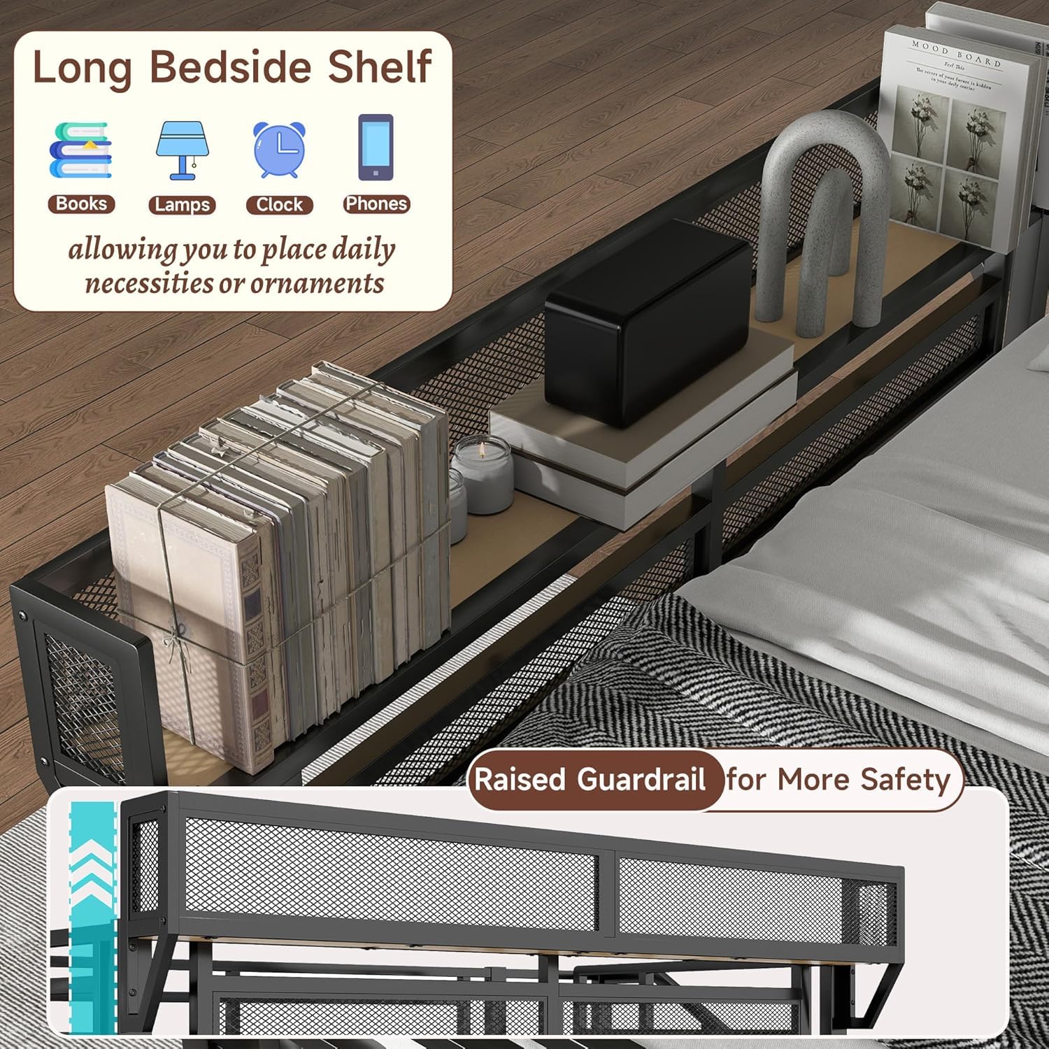 Mirightone Full Size Loft Bed with Stairs, Metal Loft Beds, High Loft Bed Frame with Storage Shelves, Lofted Full Bed with Wardrobe for Kids and Teens, No Box Spring Needed (Black)
