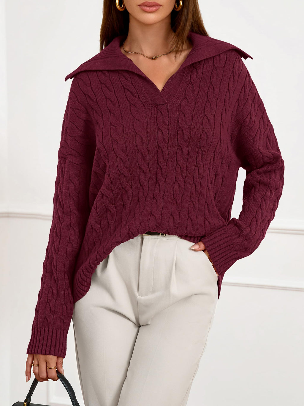 PRETTYGARDEN Spring Cable Knit Oversized Sweaters for Women 2026 Polo V Neck Long Sleeve Casual Chunky Sweater Pullover Tops
