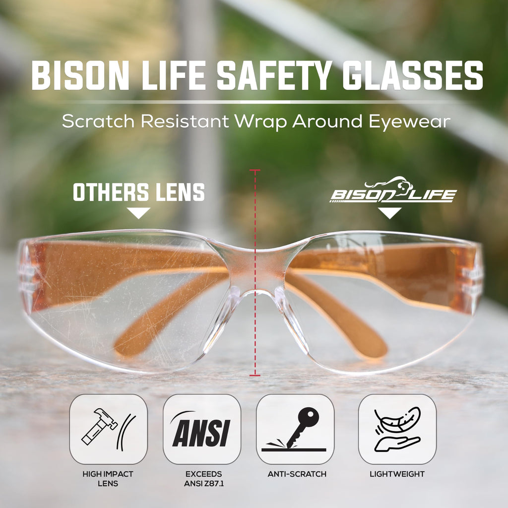 BISON LIFE Clear Safety Glasses – ANSI Z87.1 Certified Scratch & Impact Resistant Eye Protection Goggles for Men & Women