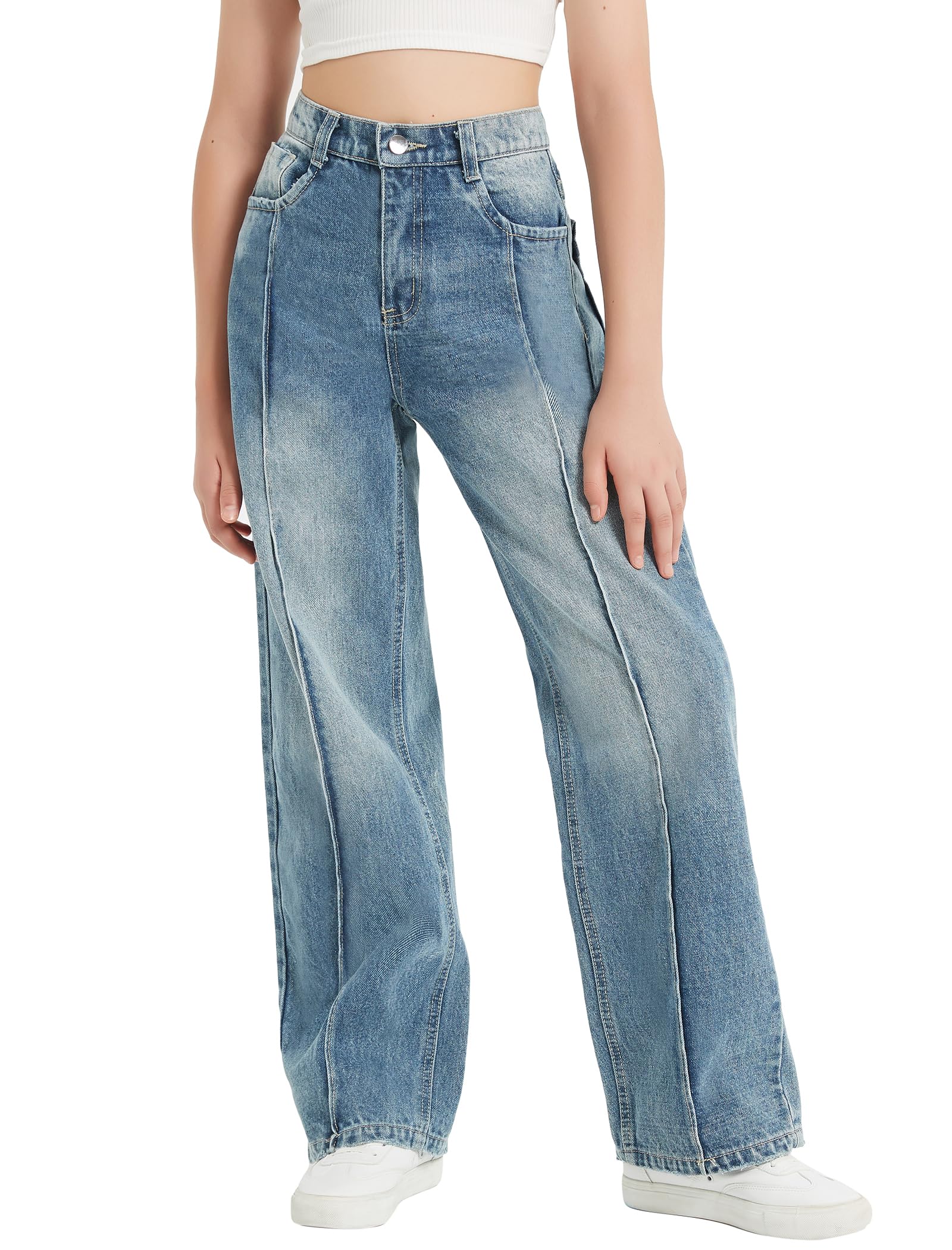 EXARUS Girls Jeans Baggy Wide Leg Cute Teen Tween Long Denim Pants Clothes Tall Junior Elastic Band Pockets