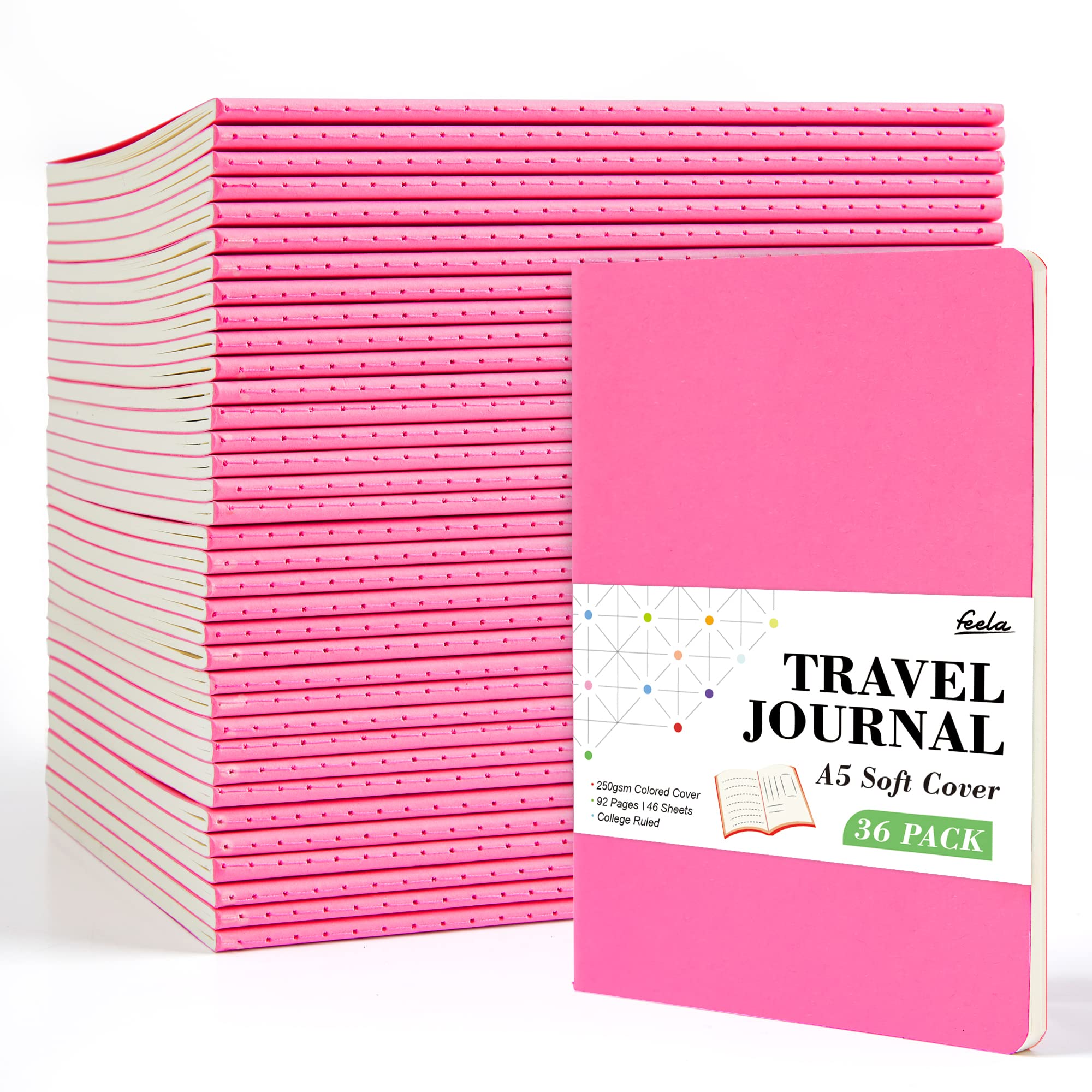 36 Pack Soft Cover Journal Bulk, Feela Lined Blank Travel Journal for Women Men Writing, Notebooks College Ruled for Work, Note Taking Notebook School Business Supplies, 8.2” x 5.5”, A5, Berry