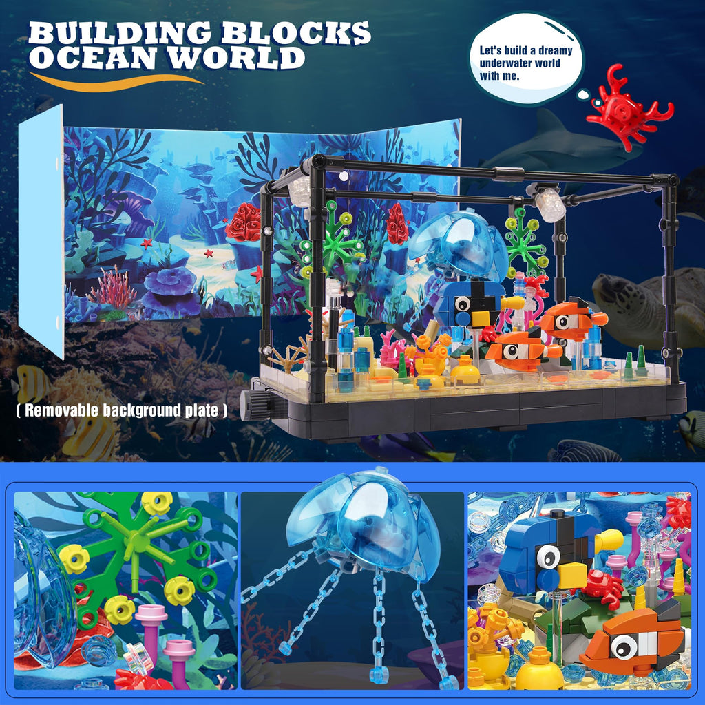 Jorumo Fish Tank Building Block, Lighting Aquarium Building Sets for Adults and Kids Including Ocean Jellyfish, Dolphin, Turtle, Crab, Animal Building Toys for Boys Age 12+, 725pcs