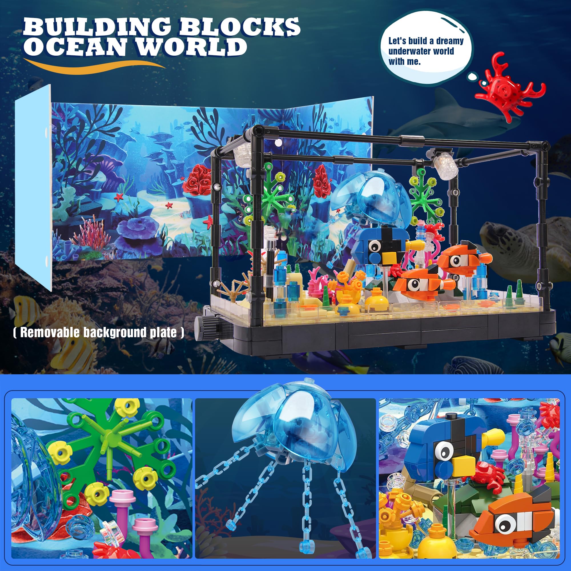 Jorumo Fish Tank Building Block, Lighting Aquarium Building Sets for Adults and Kids Including Ocean Jellyfish, Dolphin, Turtle, Crab, Animal Building Toys for Boys Age 12+, 725pcs